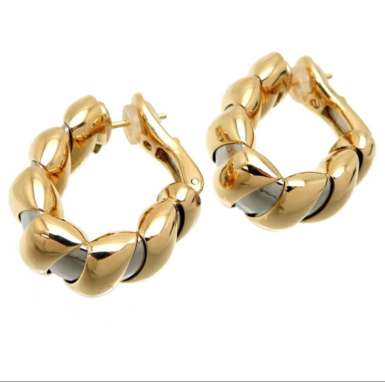 Women's or Men's Bulgari Tubogas Gold Stainless Steel Hoop Earrings For Sale