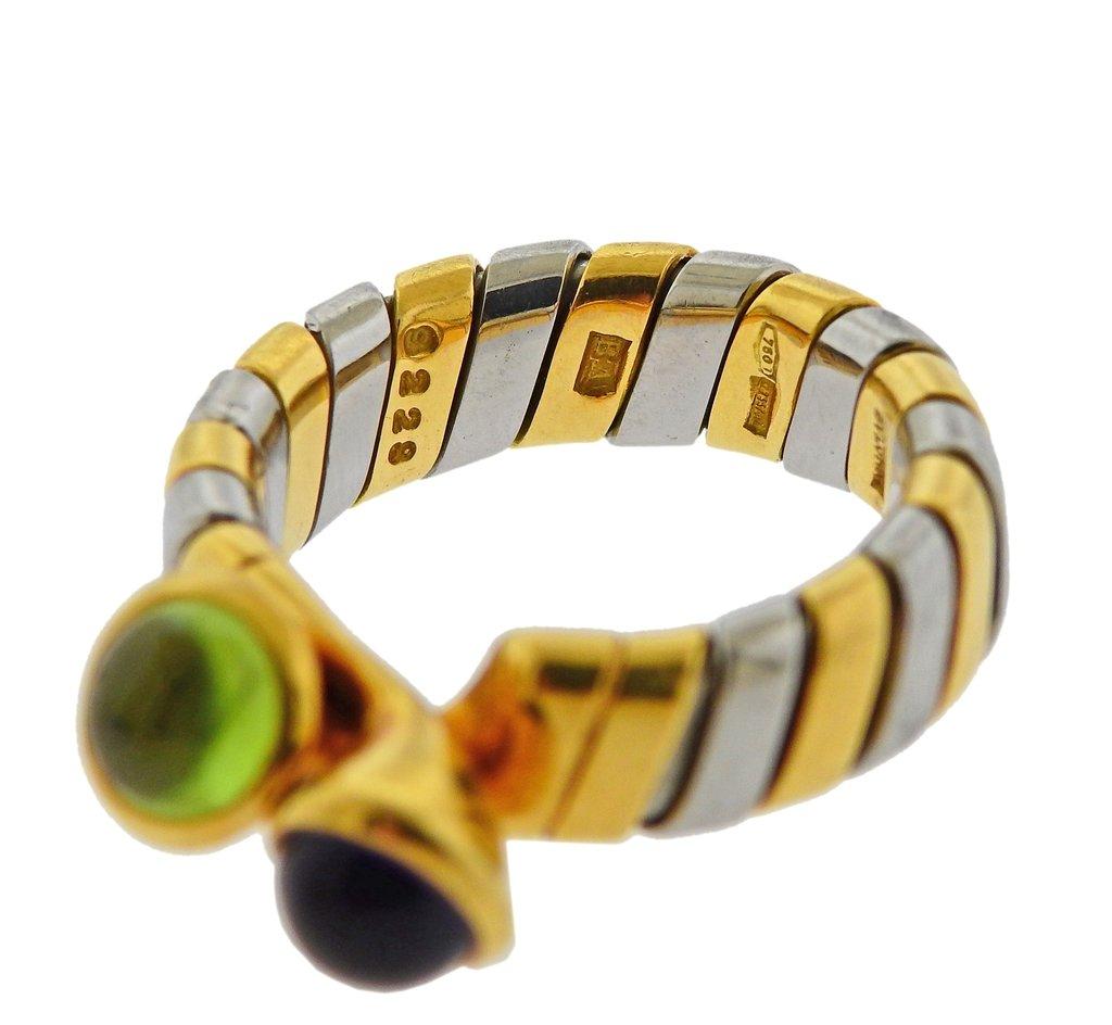 Bulgari Tubogas Gold Steel Amethyst Peridot Ring In Excellent Condition For Sale In Lambertville, NJ
