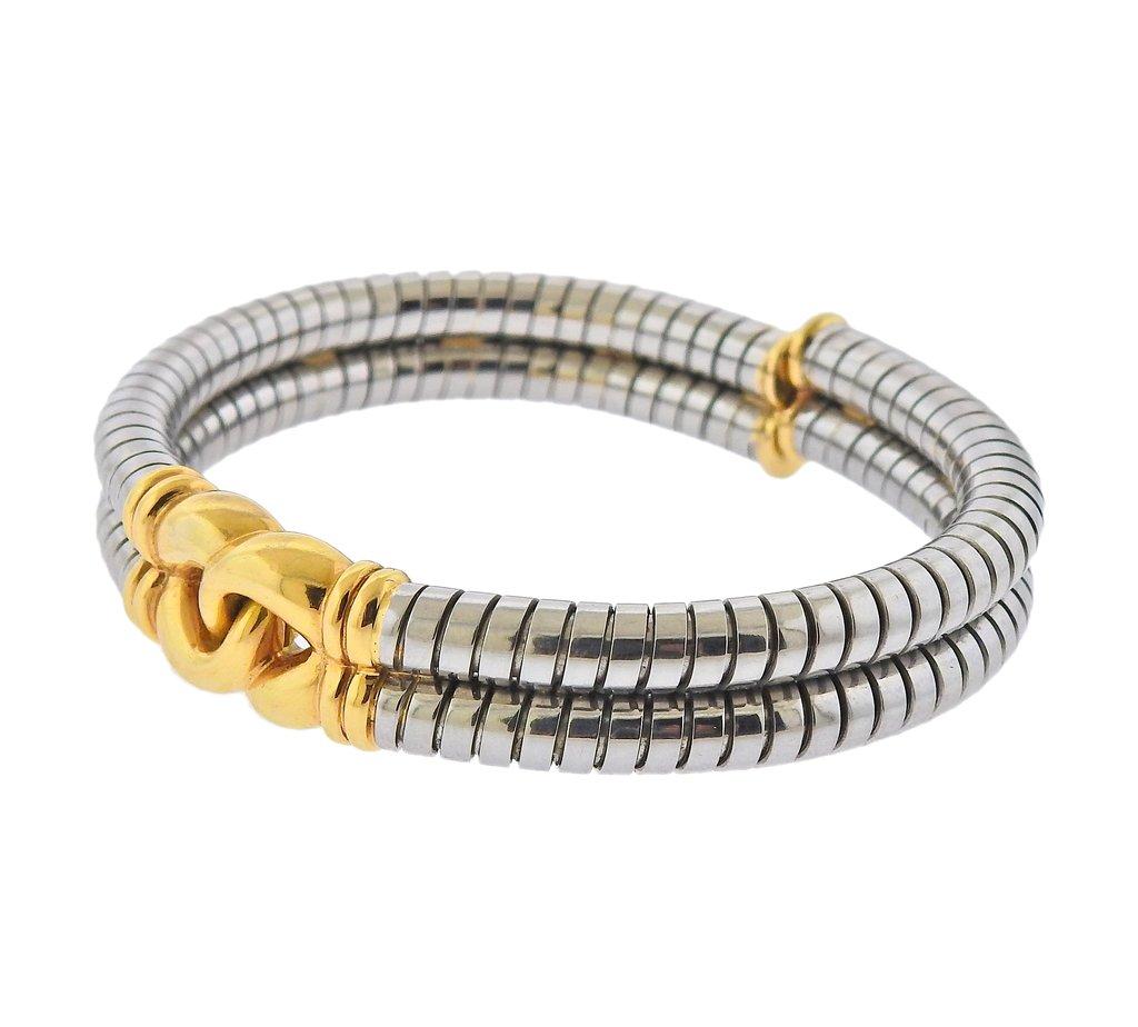 18k Gold & Stainless Steel Tubogas bracelet crafted by Bulgari.  Will fit approx. 7