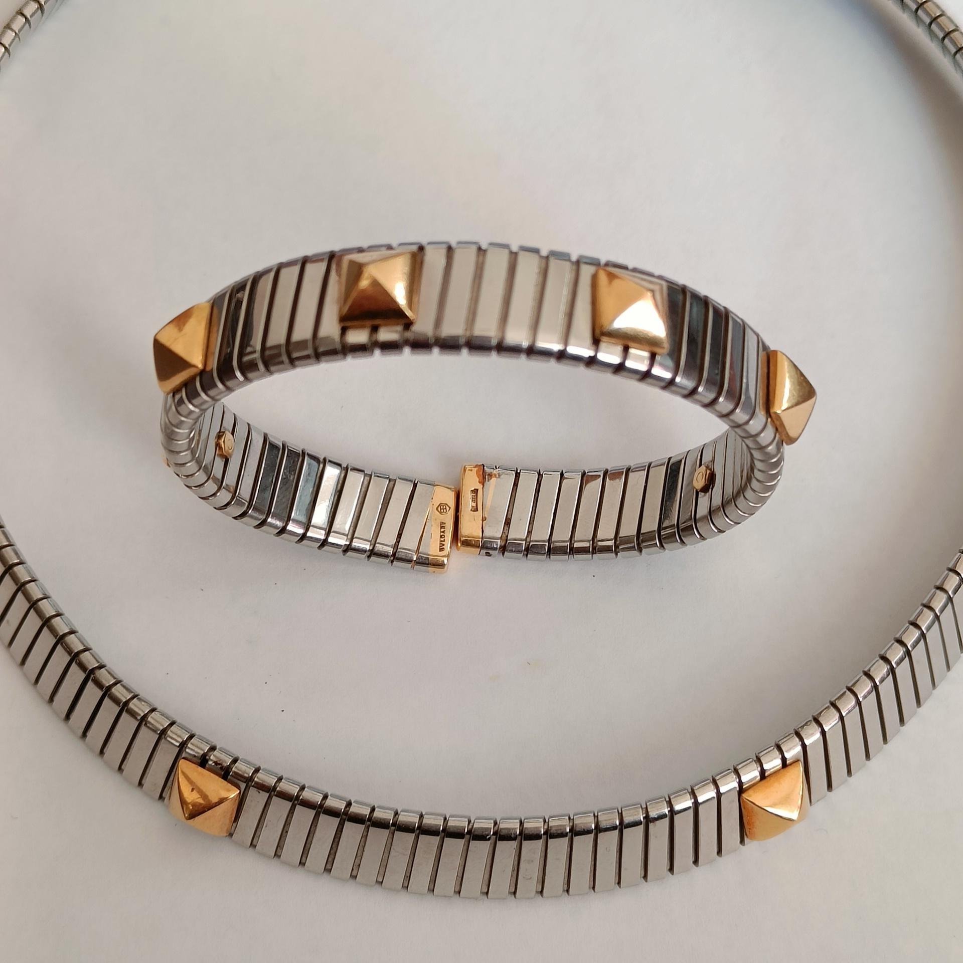 Modernist Bulgari Tubogas Necklace and Bracelet Steel and Gold For Sale