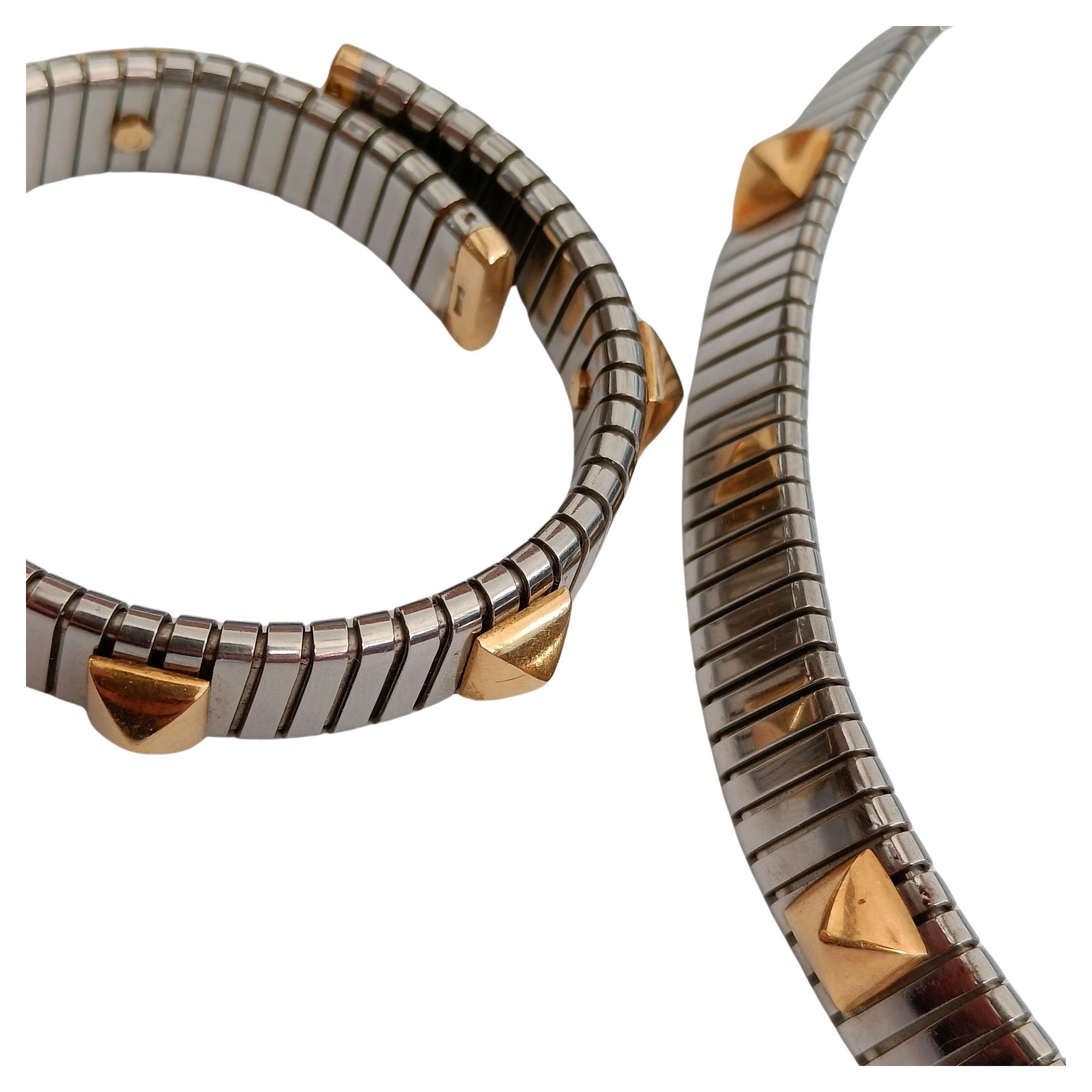 Bulgari Tubogas Necklace and Bracelet Steel and Gold For Sale