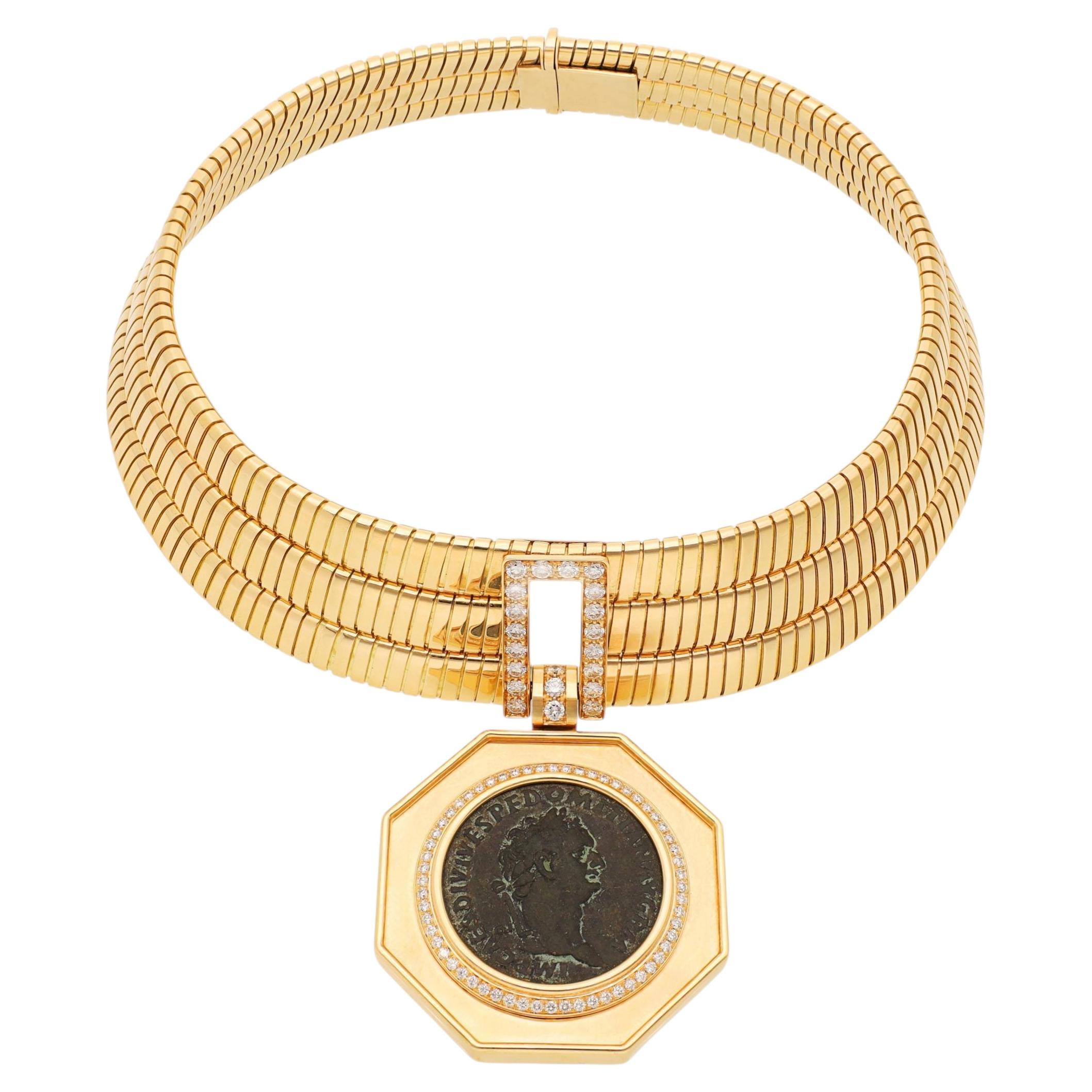 BULGARI Tubogas Necklace with Ancient Domiziano Coin Pendant 81–96 AD For Sale
