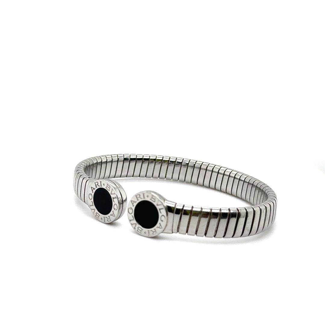 Mixed Cut Bulgari Tubogas Onyx Cuff Bangle in Stainless Steel