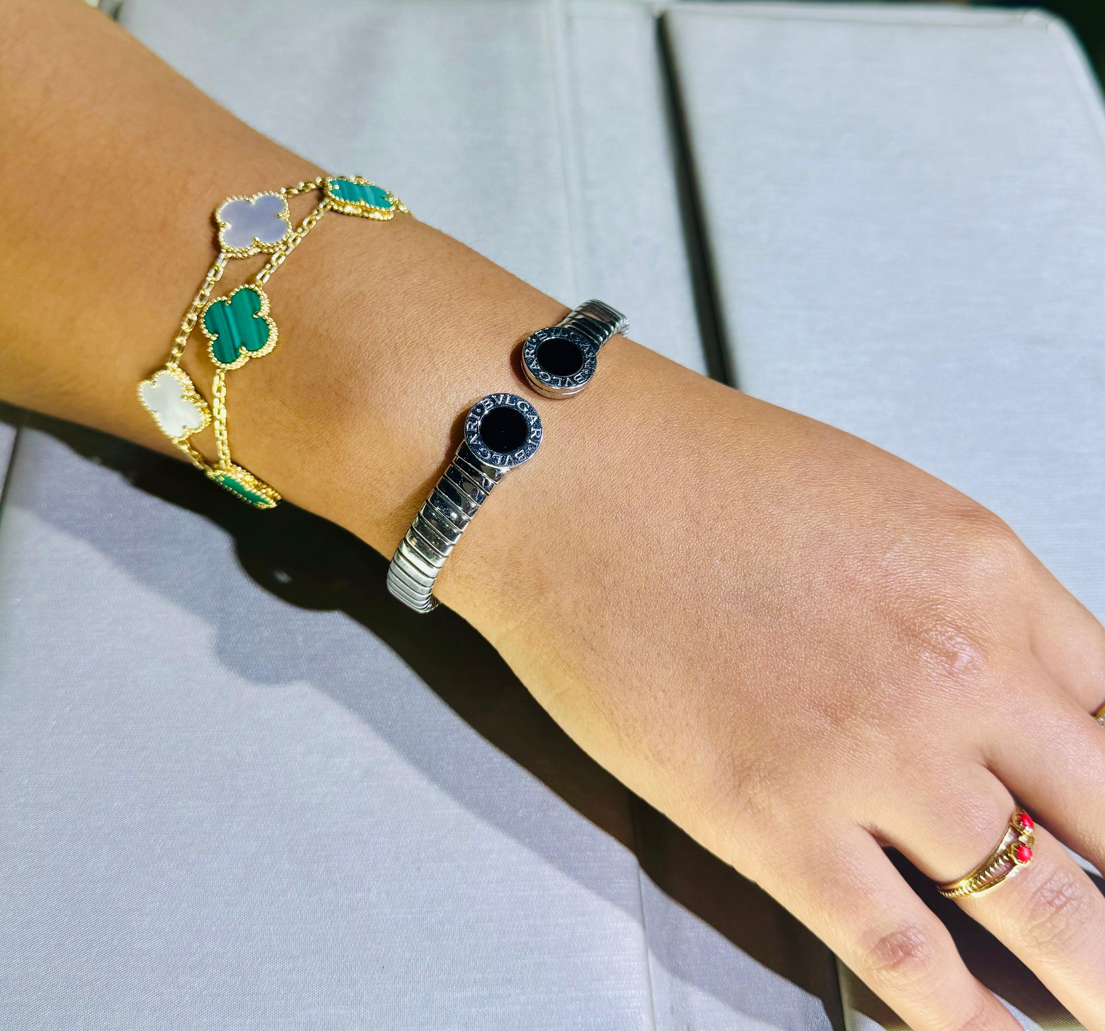 Women's or Men's Bulgari Tubogas Onyx Cuff Bangle in Stainless Steel