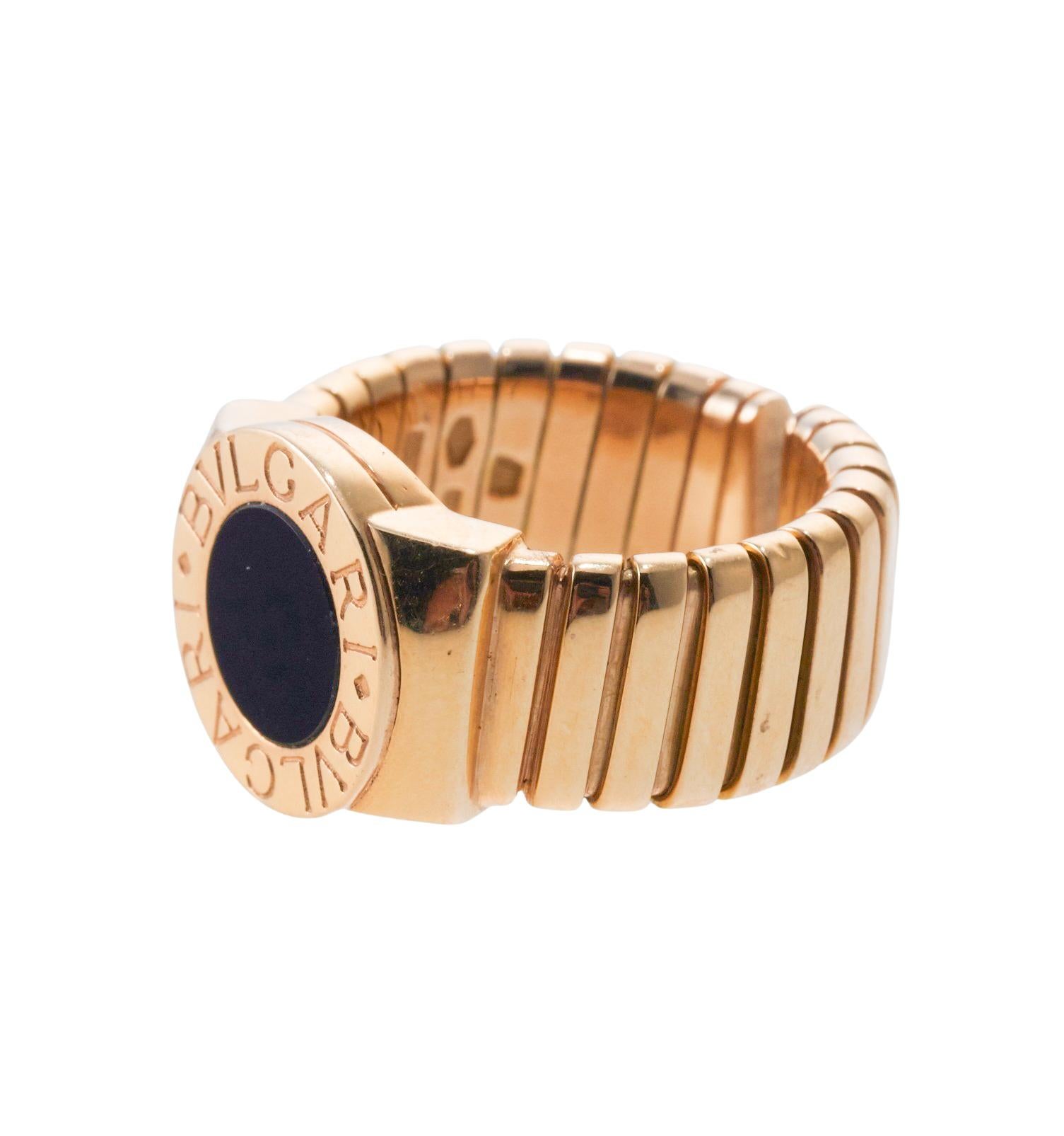 Round Cut Bulgari Tubogas Onyx Gold Ring For Sale