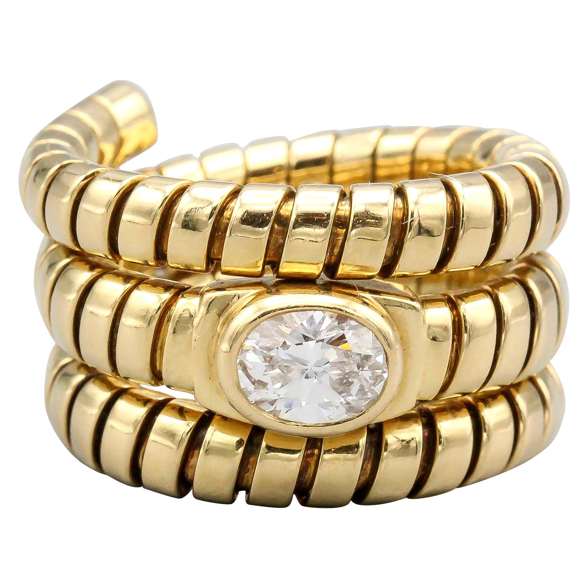 Bulgari Tubogas Oval Diamond and 18 Karat Yellow Gold Flexible Snake Ring