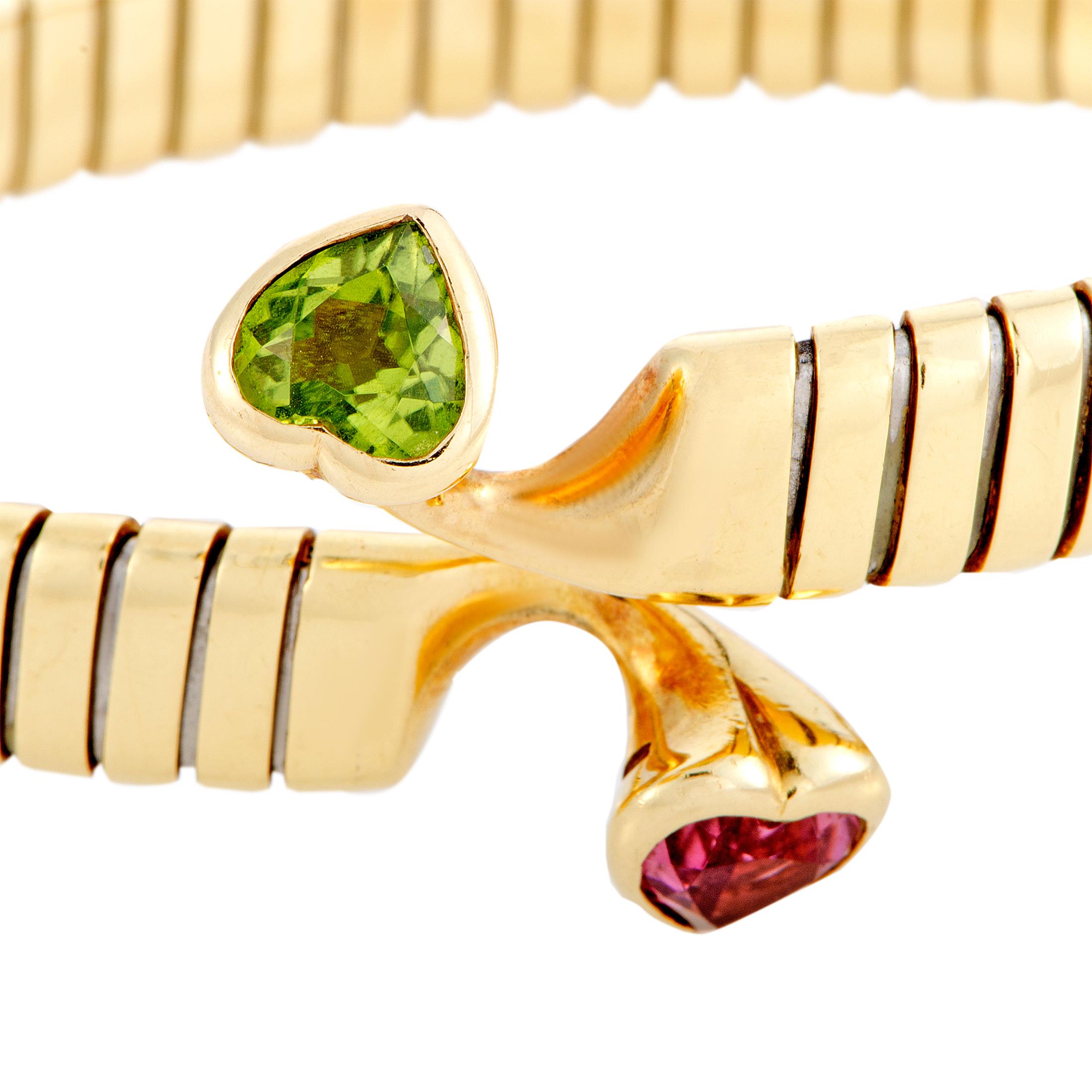 Bulgari Tubogas Peridot and Tourmaline Yellow Gold Heart Bangle Bracelet In Excellent Condition In Southampton, PA
