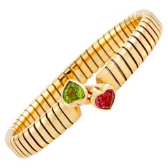 Bulgari Tubogas Peridot and Tourmaline Yellow Gold Heart Bangle Bracelet