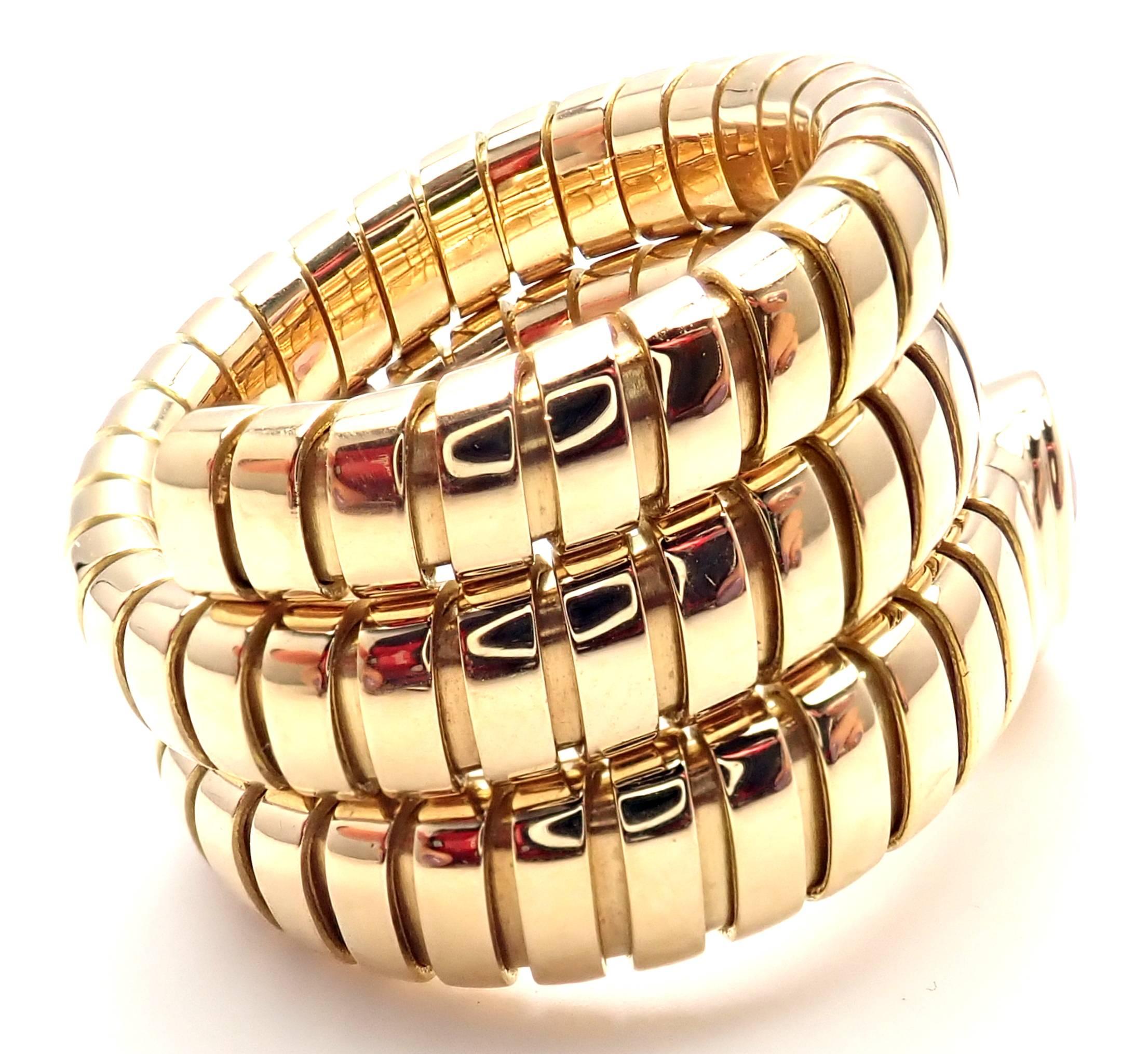 Bulgari Tubogas Pink Tourmaline Coil Snake Yellow Gold Band Ring In New Condition In Holland, PA