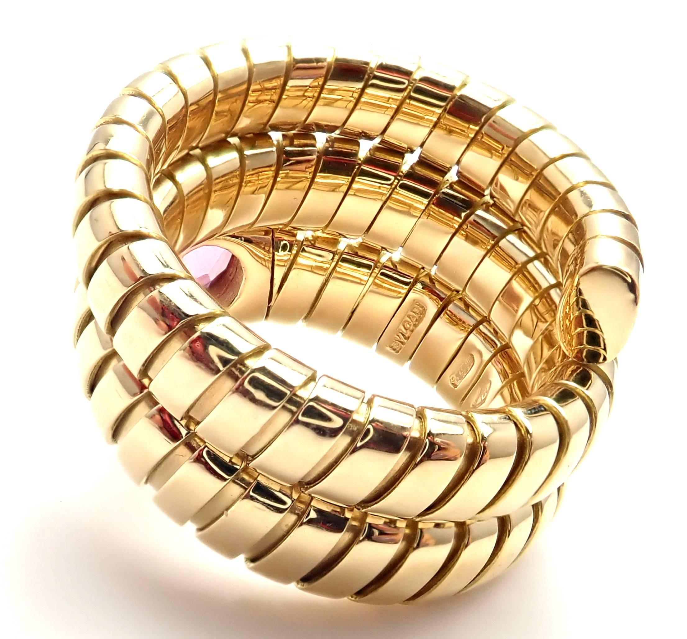 Women's or Men's Bulgari Tubogas Pink Tourmaline Coil Snake Yellow Gold Band Ring