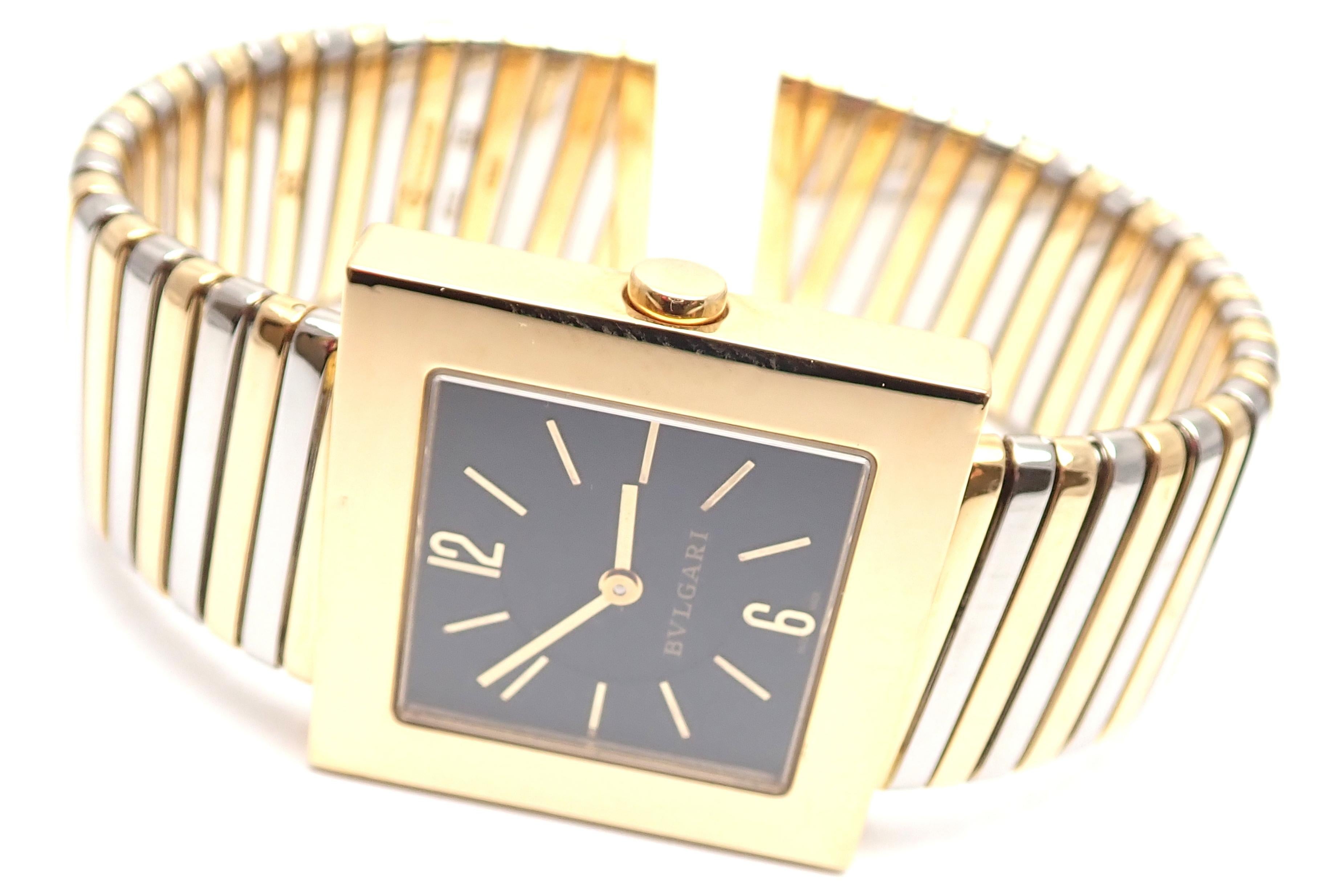 18k yellow gold and stainless steel Tubogas Quadrato bracelet watch. 
Details:
Model: SQ292T
Movement Type: Quartz
Case Size: case diameter: 29mm
Crystal: Anti-glare Sapphire
Wrist Size: 7 3/4 to 8 inches, this design is flexible so it will fit most