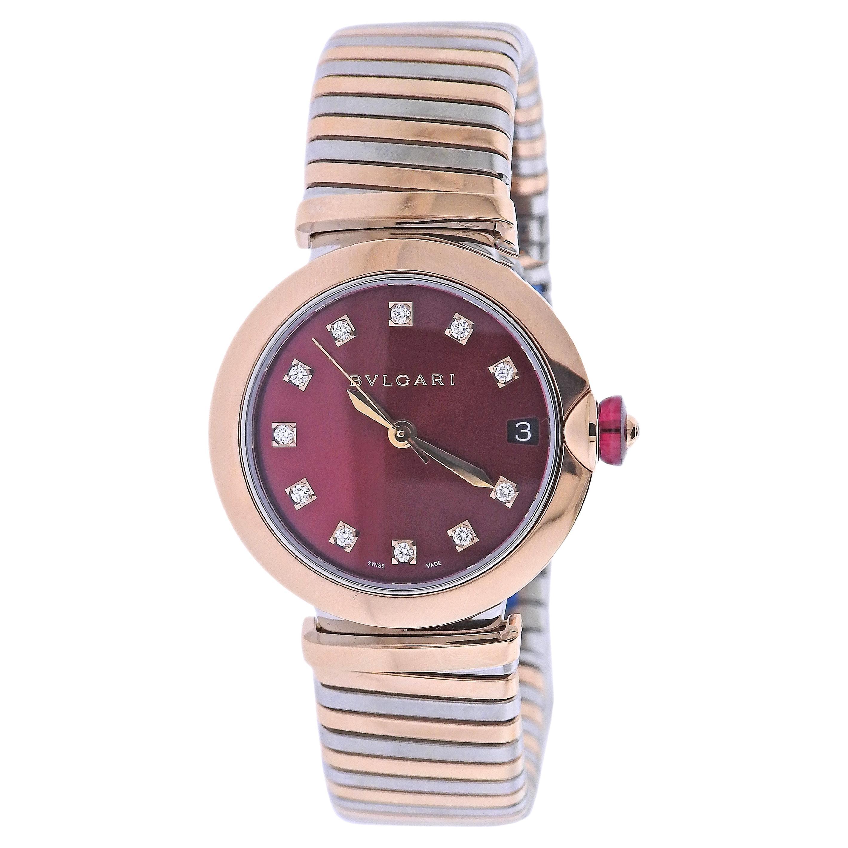 Bulgari Tubogas Rose Gold Steel Diamond Red Dial Watch LUP33SG For Sale