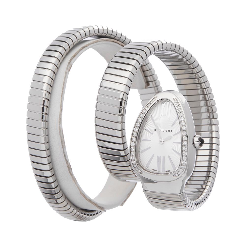 Reference: W5251
Manufacturer: Bulgari
Model: Tubogas Serpenti
Model Reference: SP 35 S
Age: Circa 2010's
Gender: Women's
Box and Papers: Xupes Presentation Box
Dial: Silver Roman
Glass: Sapphire Crystal
Movement: Quartz
Water Resistance: To
