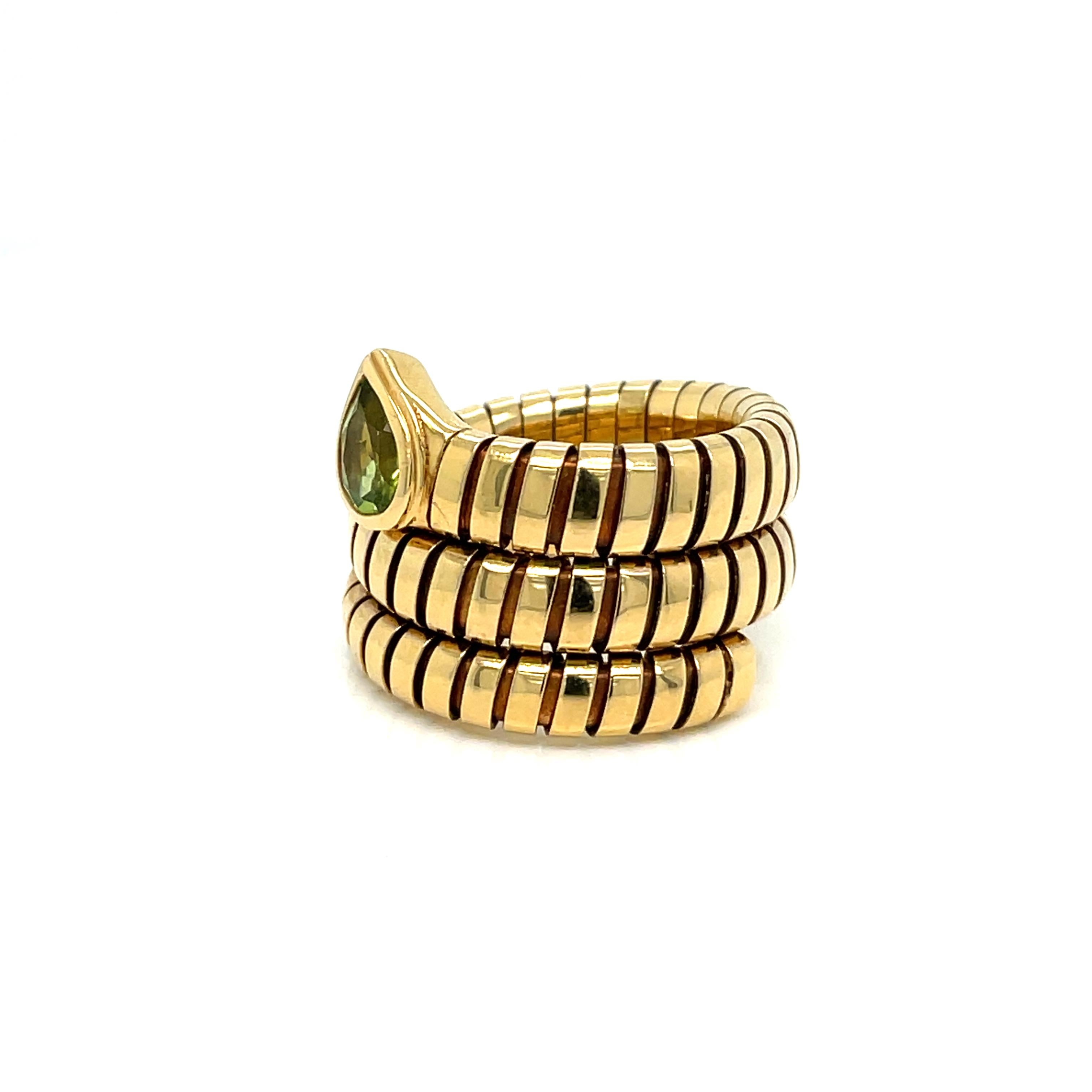 Pear Cut Bulgari Tubogas Serpenti Peridot 18k Yellow Gold 3-Row Ring