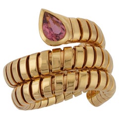 BULGARI Tubogas Serpenti Pink Tourmaline Yellow Gold 3-Row Ring