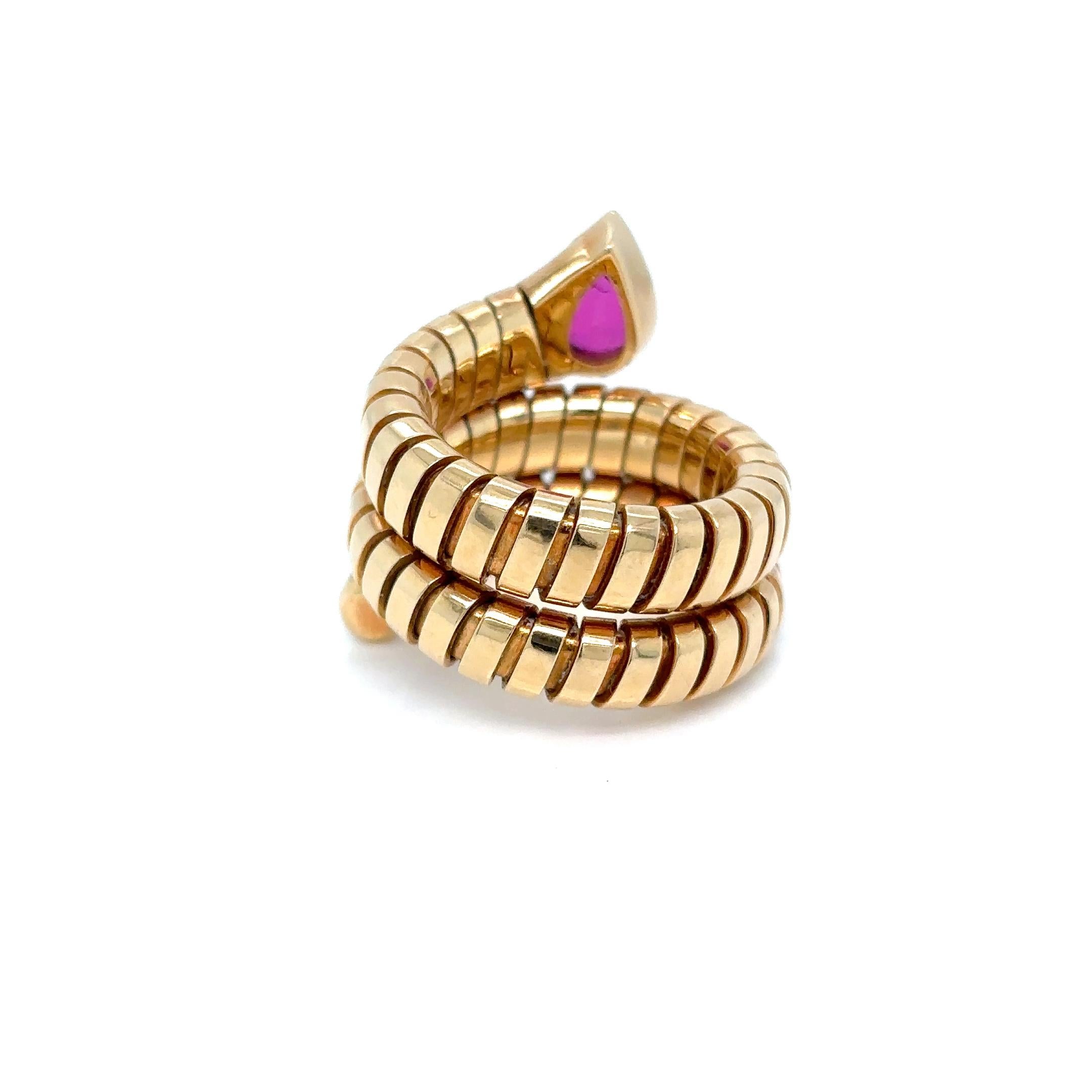 Bulgari Tubogas Serpenti Ruby 18k Yellow Gold 3-Row Ring For Sale at ...