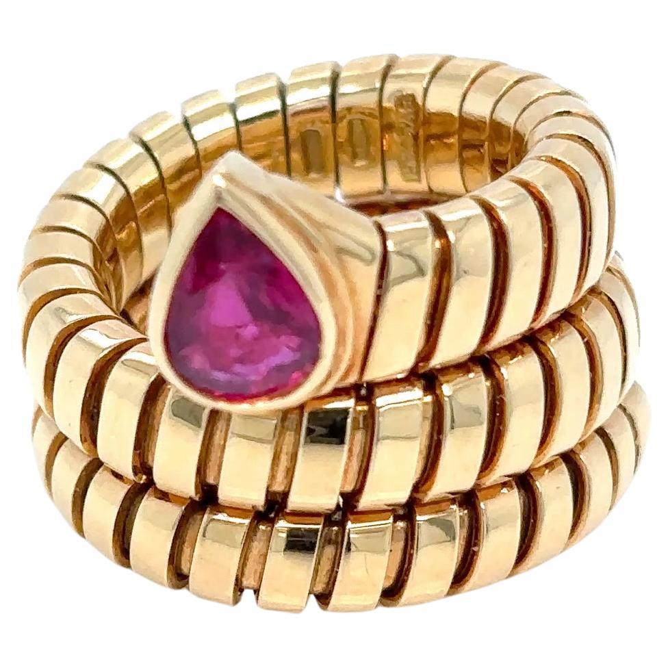 Bulgari Tubogas Serpenti Ruby 18k Yellow Gold 3-Row Ring For Sale at ...