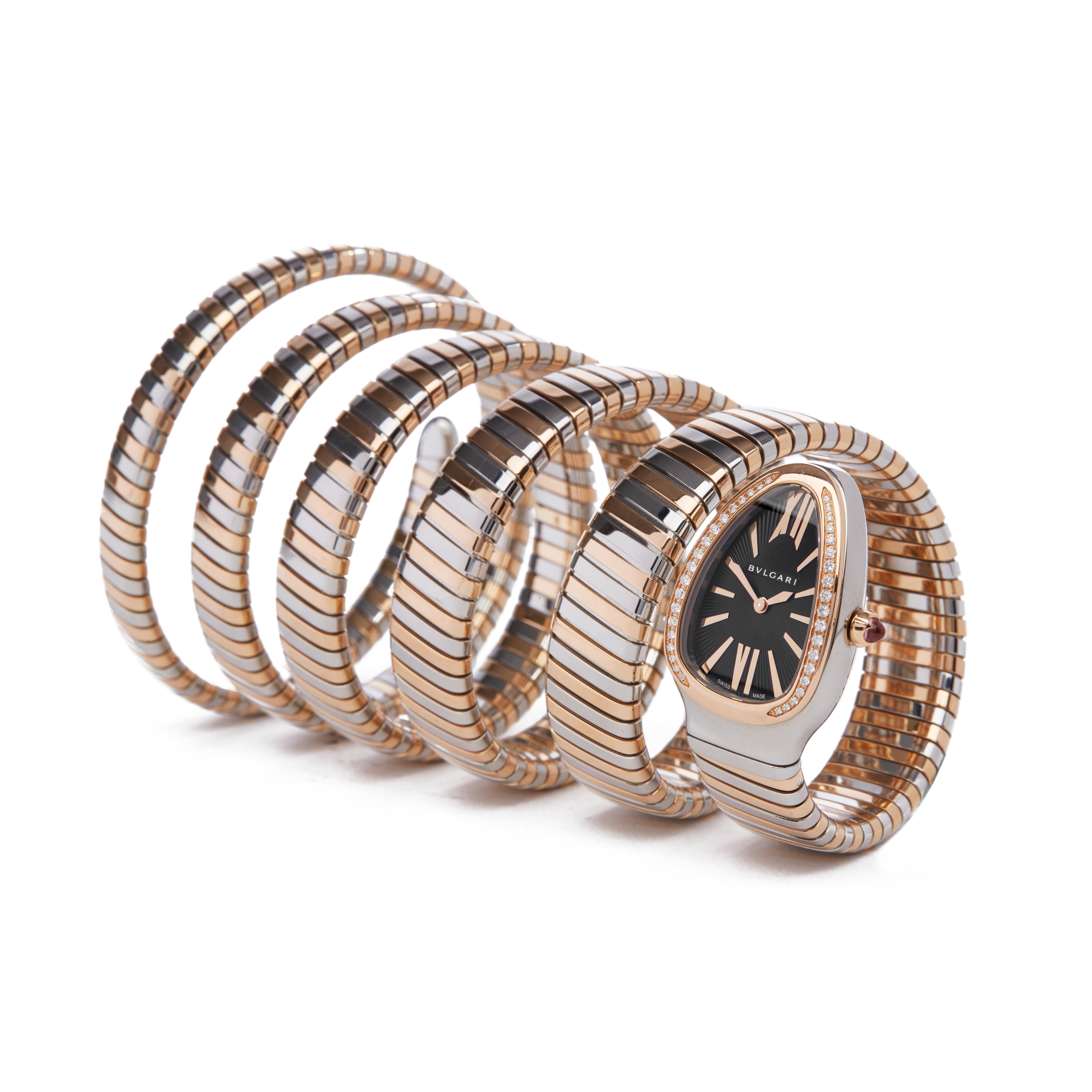 Ref: W5440
Manufacturer: Bulgari
Model: Tubogas Serpenti
Model Ref: 102621
Age: Circa 2017
Gender: Ladies
Complete With: Bulgari Travel Pouch & Sale Reciept
Dial: Black Roman
Glass: Sapphire Crystal
Movement: Quartz
Water Resistance: To