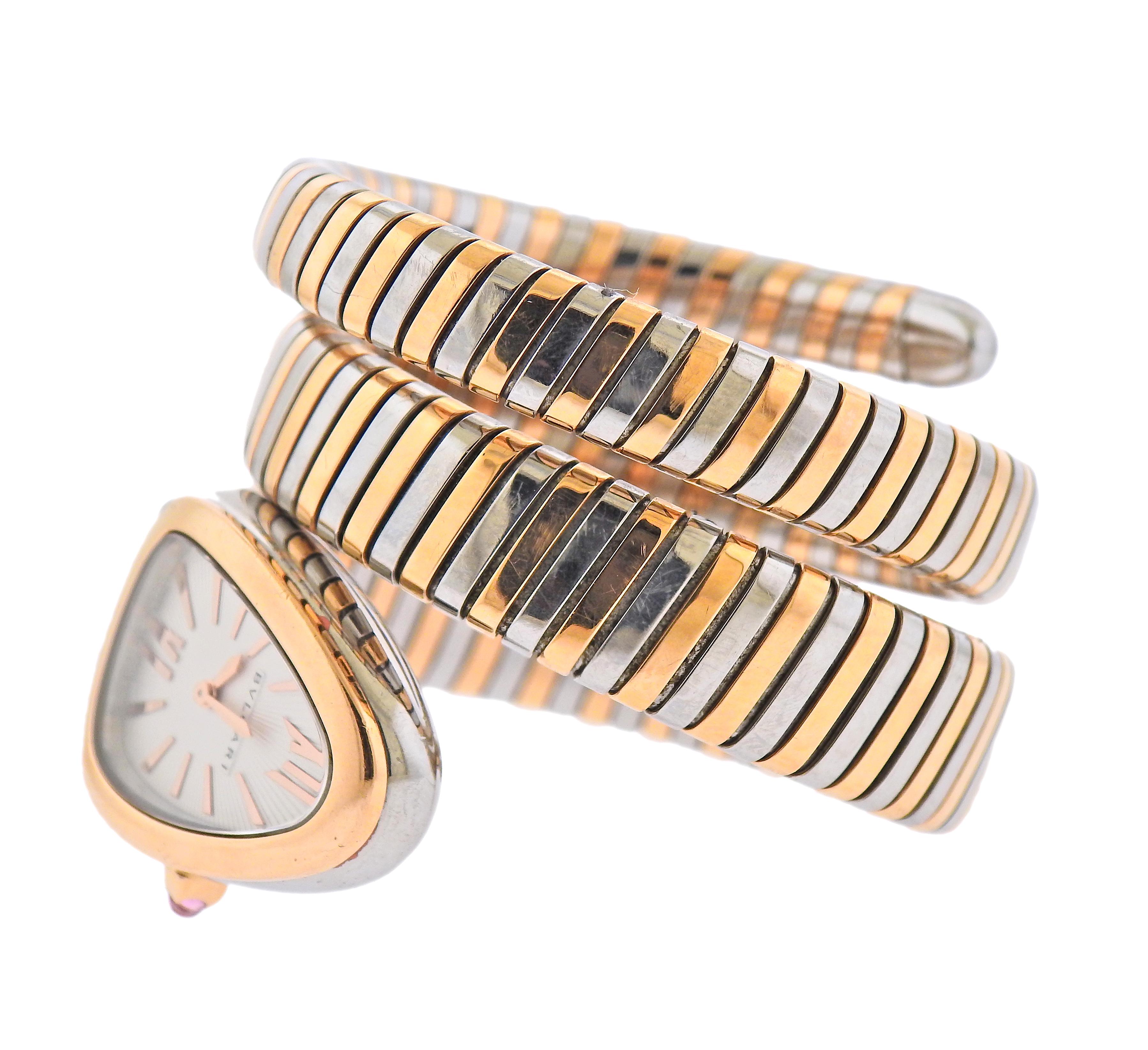 18k gold and steel Serpenti Tubas wrap bracelet watch by Bvlgari. Watch with quartz movement. Bracelet will fit up to a 7