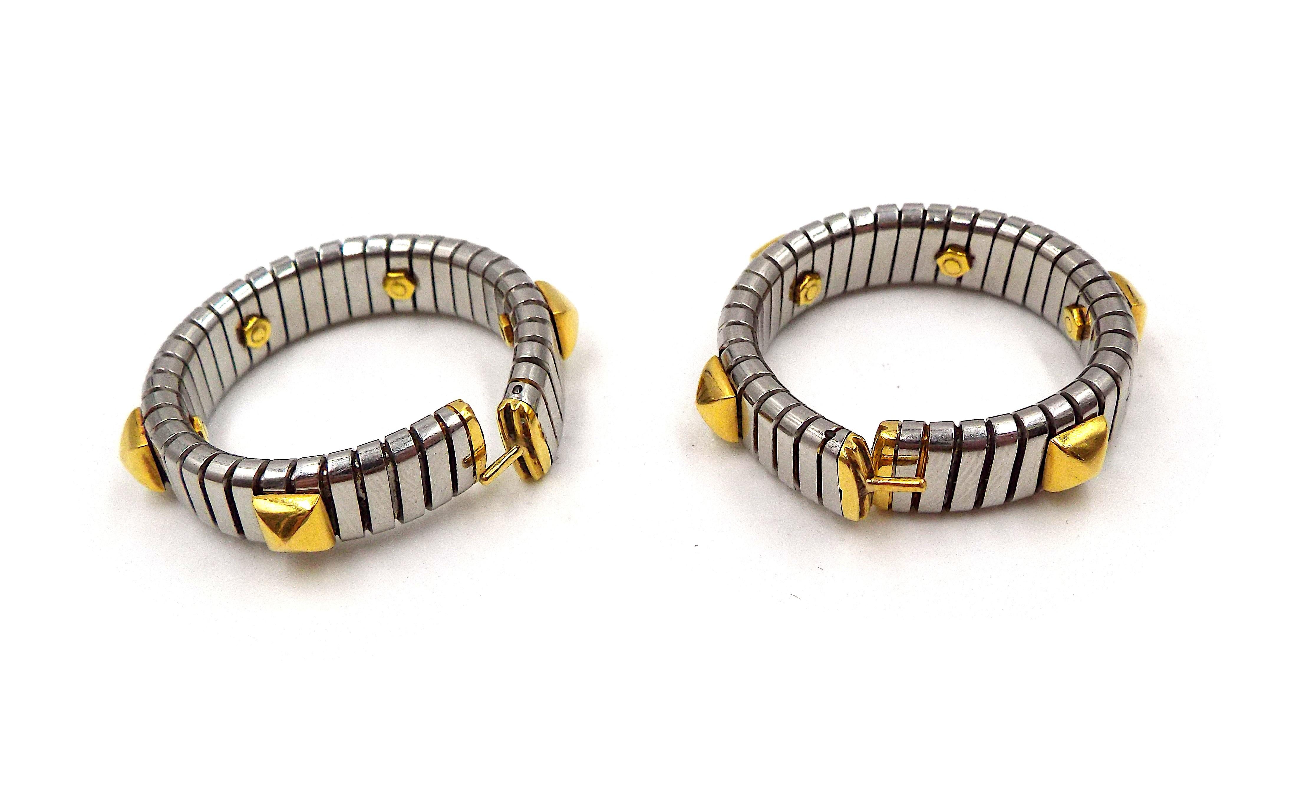 Bulgari Tubogas Stainless Steel 18K Yellow Gold Hoop Earrings In Good Condition In New York, NY