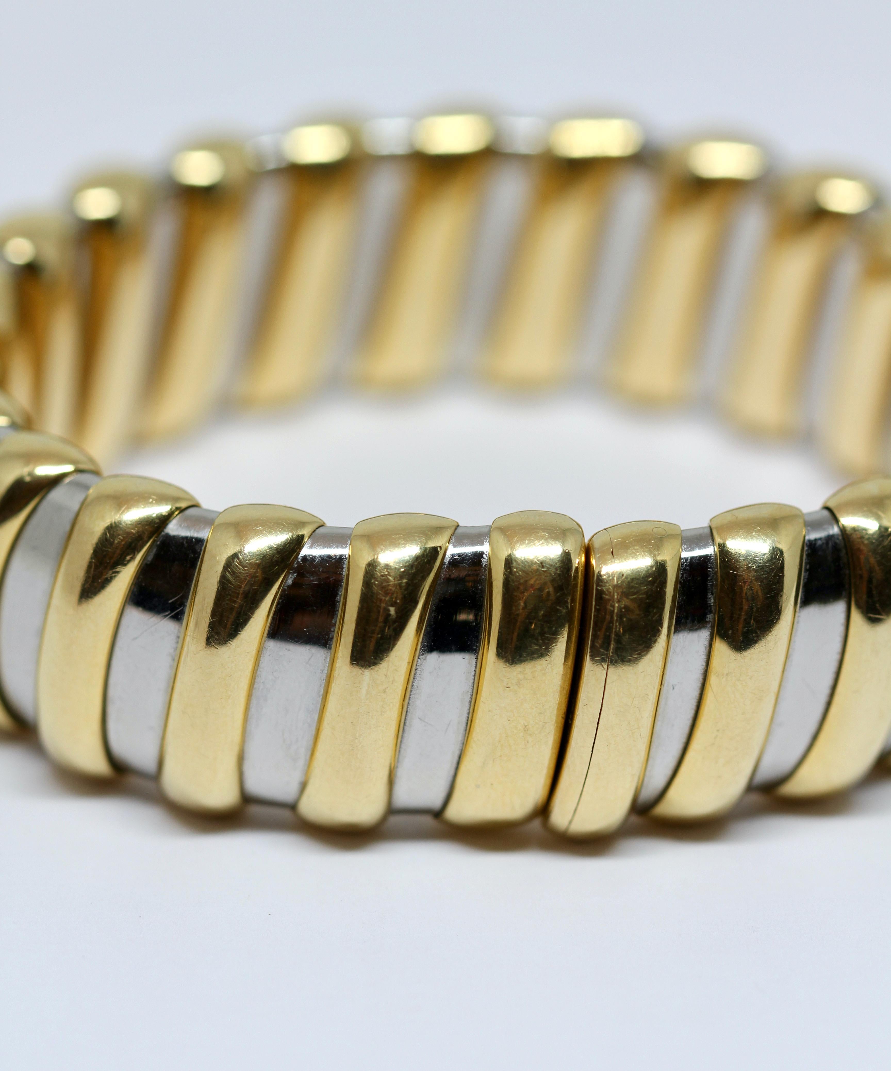 Bulgari Tubogas Stainless Steel and 18 Kt Yellow Gold Bangle Bracelet In Good Condition In Geneva, CH