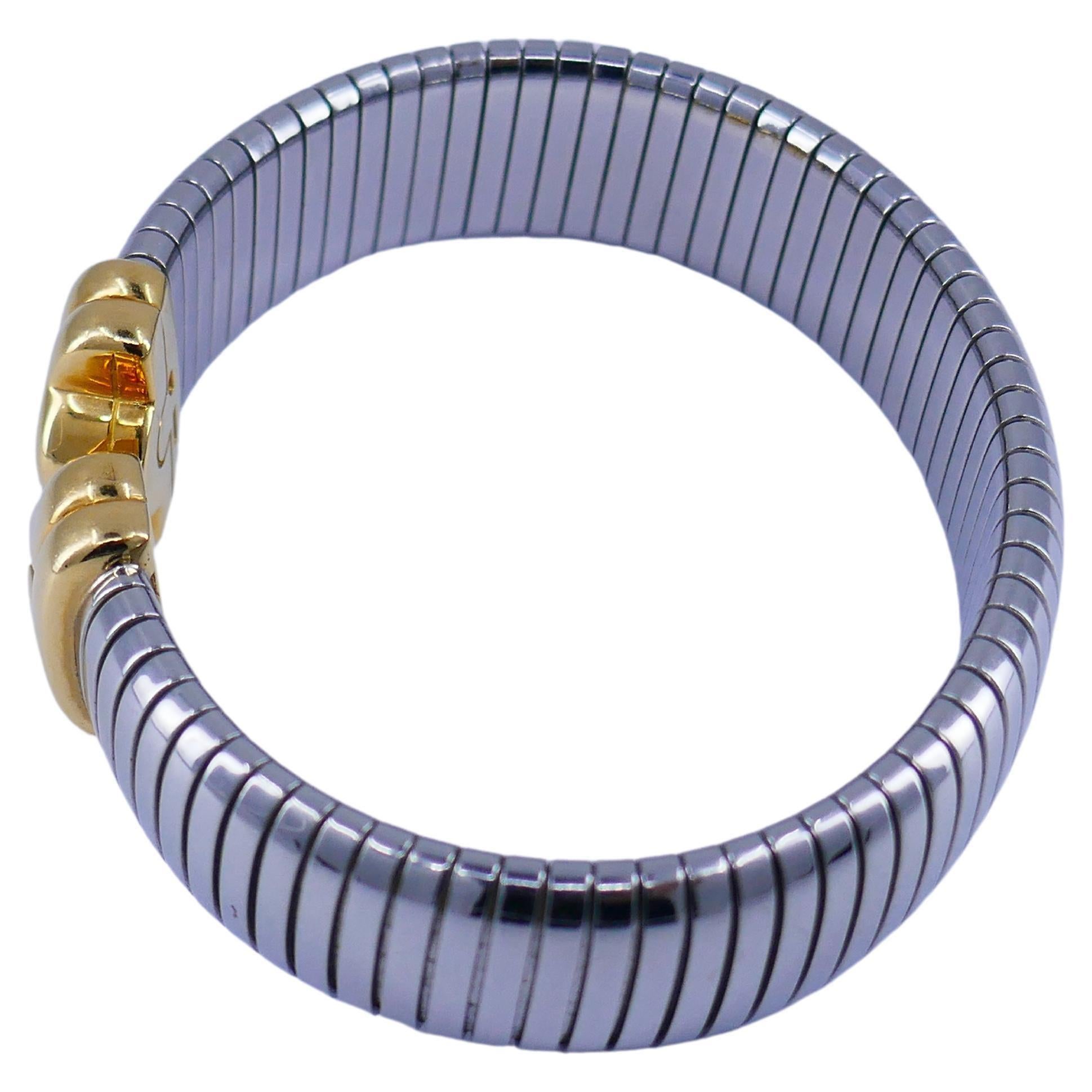 Bulgari Tubogas Stainless Steel Gold Bracelet In Excellent Condition In Beverly Hills, CA