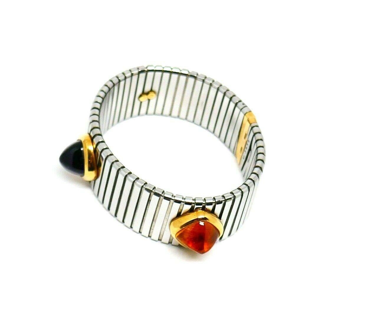 Bulgari Tubogas Stainless Steel Yellow Gold Gemstones Bracelet In Excellent Condition In Beverly Hills, CA