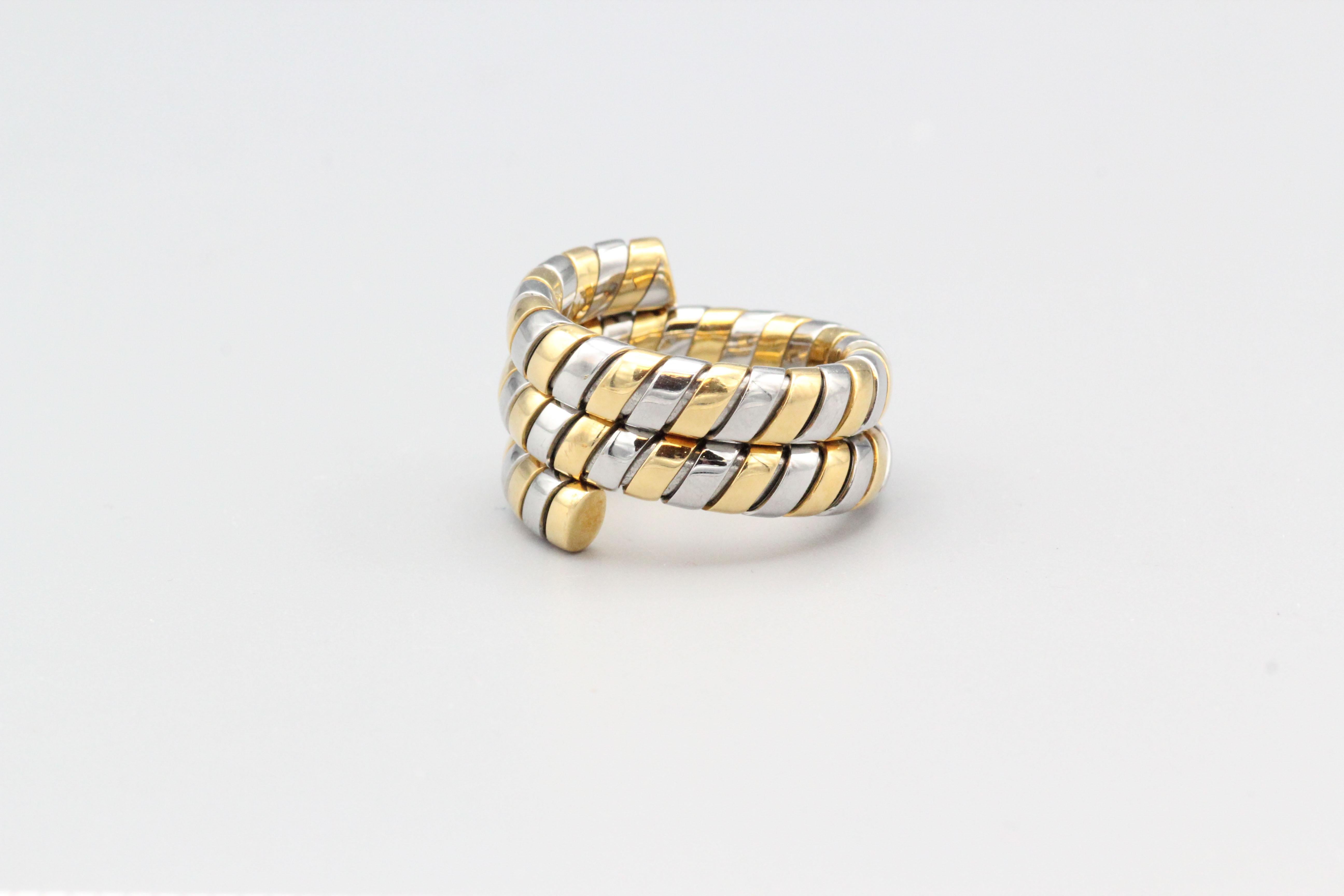 Bulgari Tubogas Steel and 18k Gold Flexible Snake Ring In Good Condition In Bellmore, NY