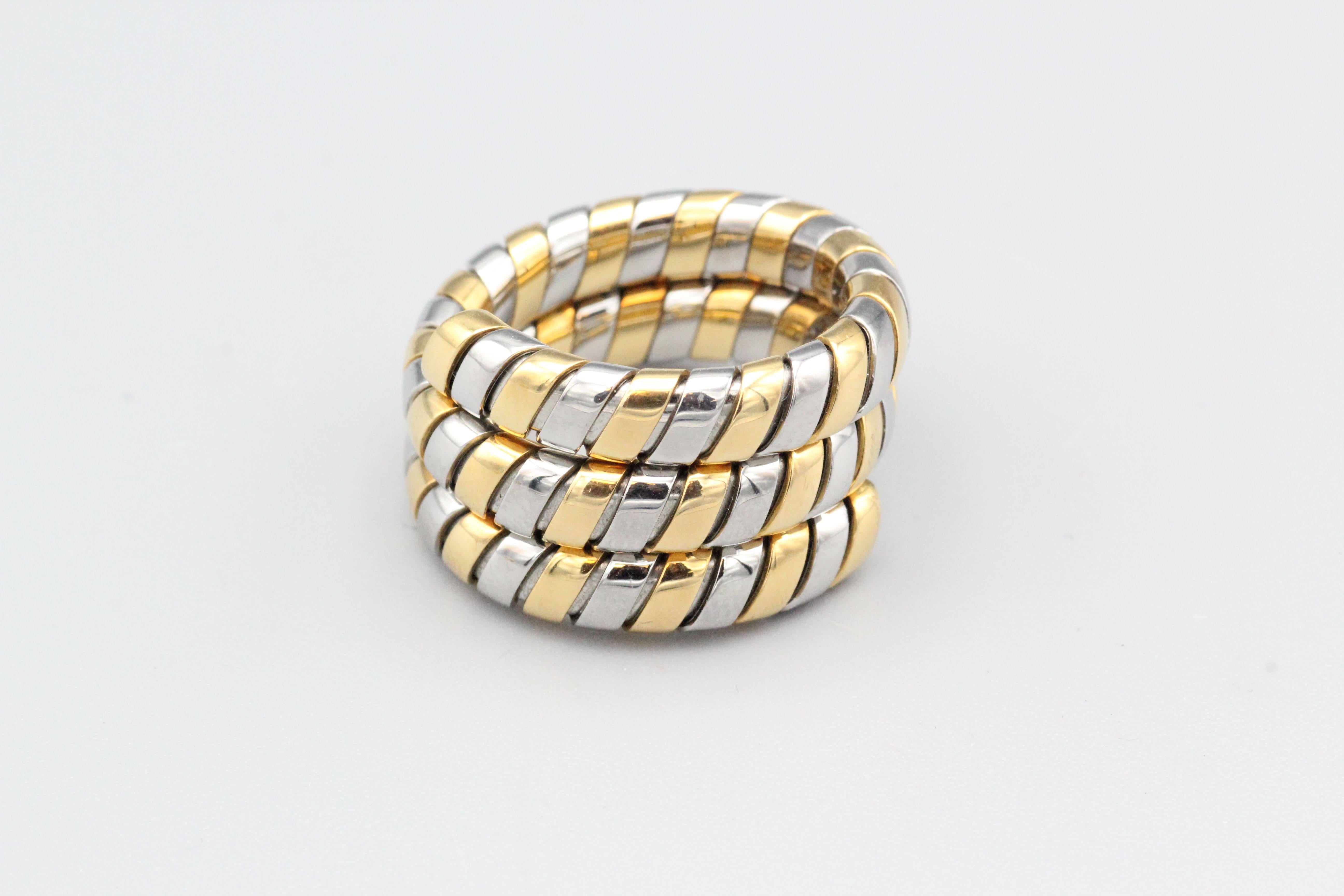Contemporary Bulgari Tubogas Steel and 18k Gold Flexible Snake Ring Size 6 For Sale