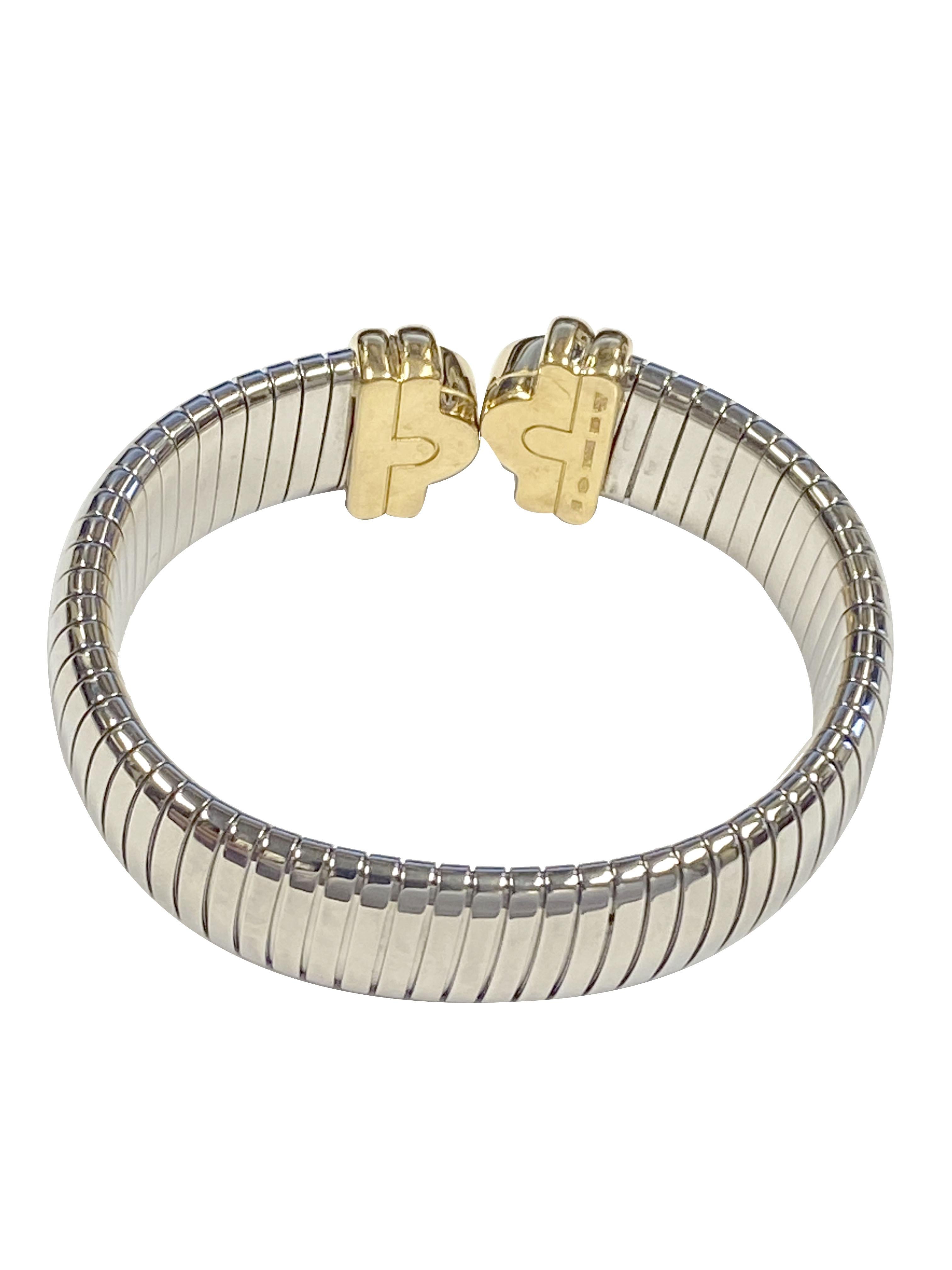 Bulgari Tubogas Steel and Yellow Gold Cuff Bracelet In Excellent Condition In Chicago, IL