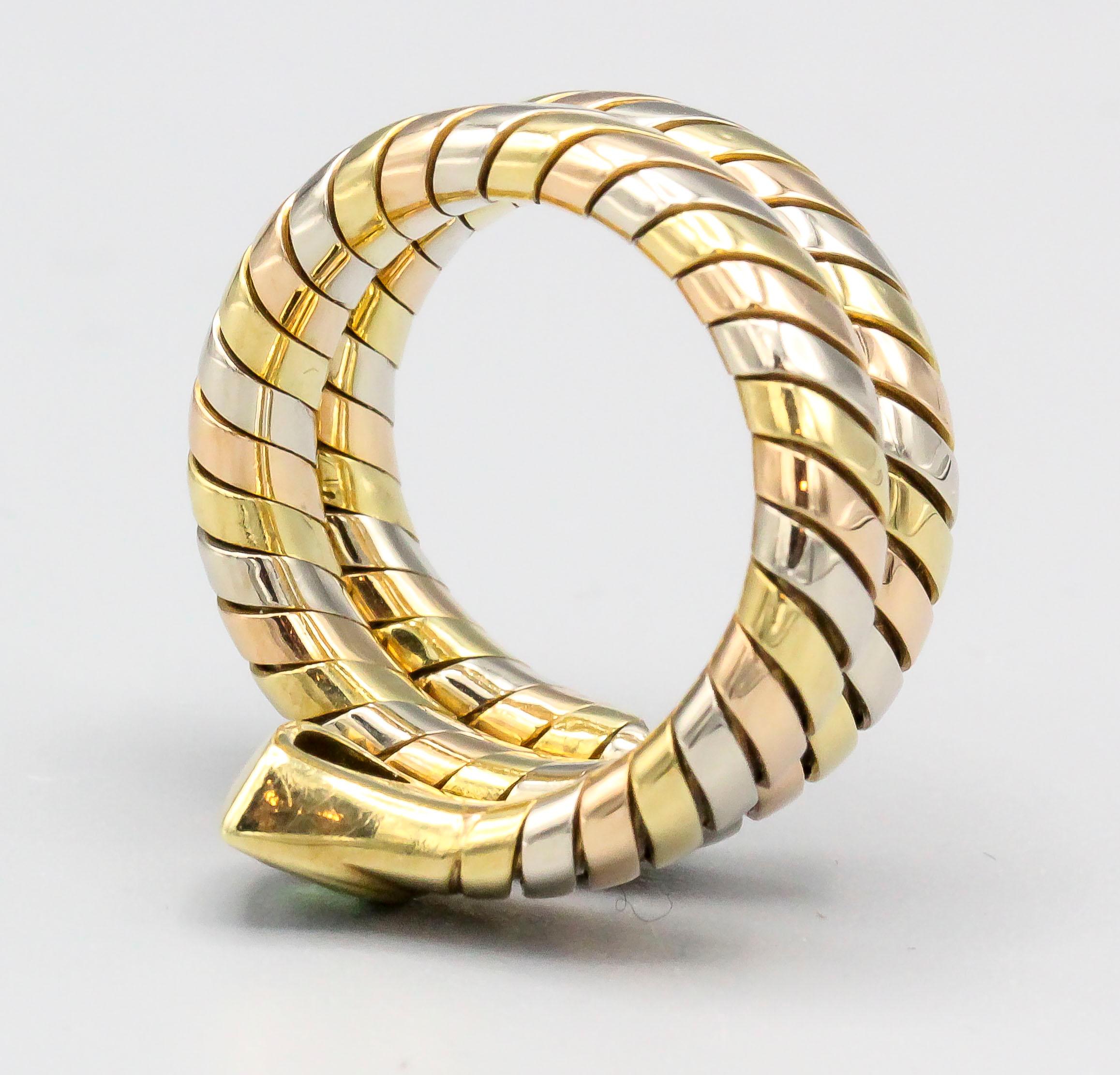 Bulgari Tubogas Tourmaline 18 Karat 3 Color Gold Flexible Ring In Excellent Condition In New York, NY