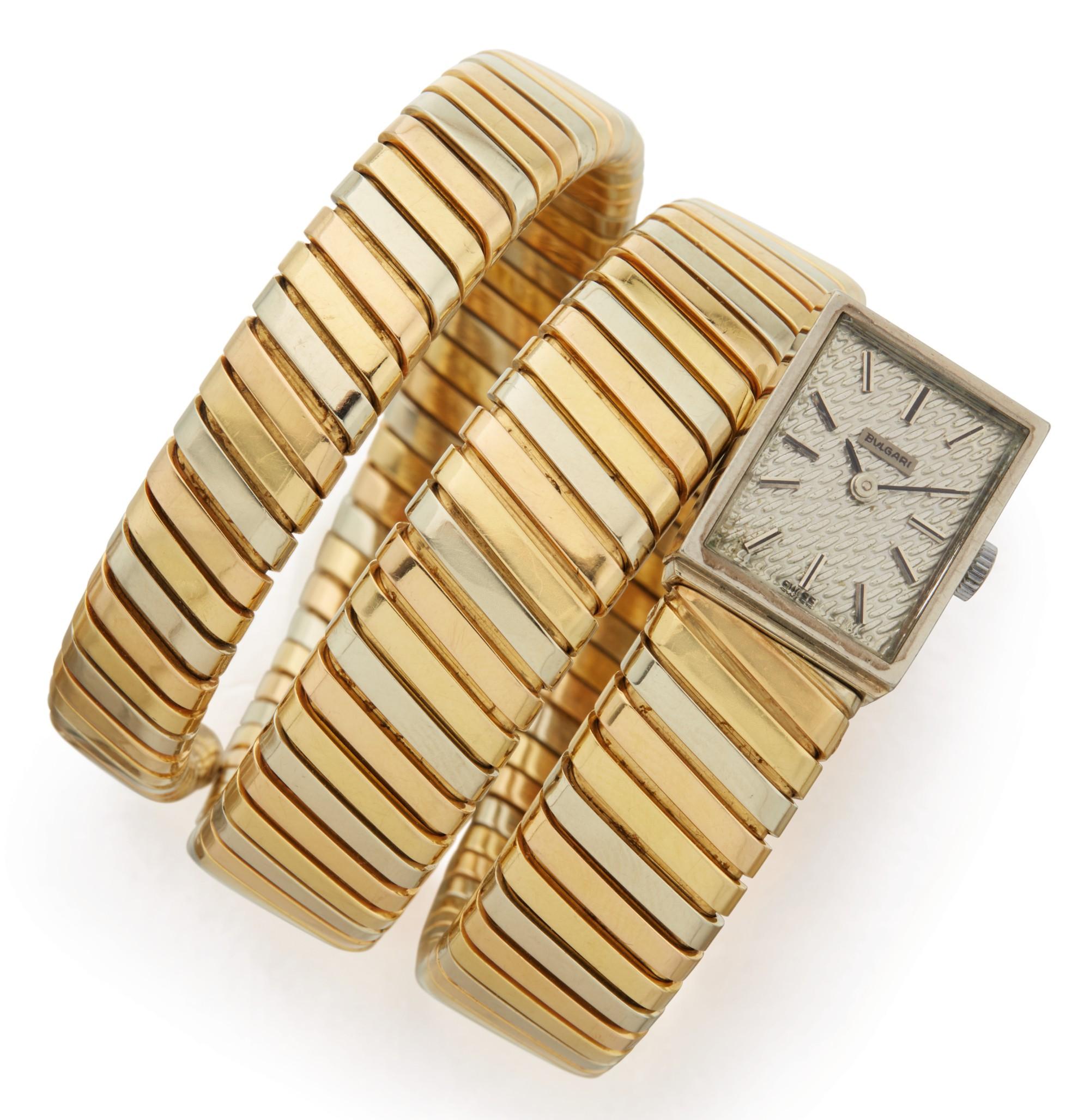 Bulgari Tubogas Tri-Color Bracelet-Watch Rectangular Dial In Good Condition In New York, NY