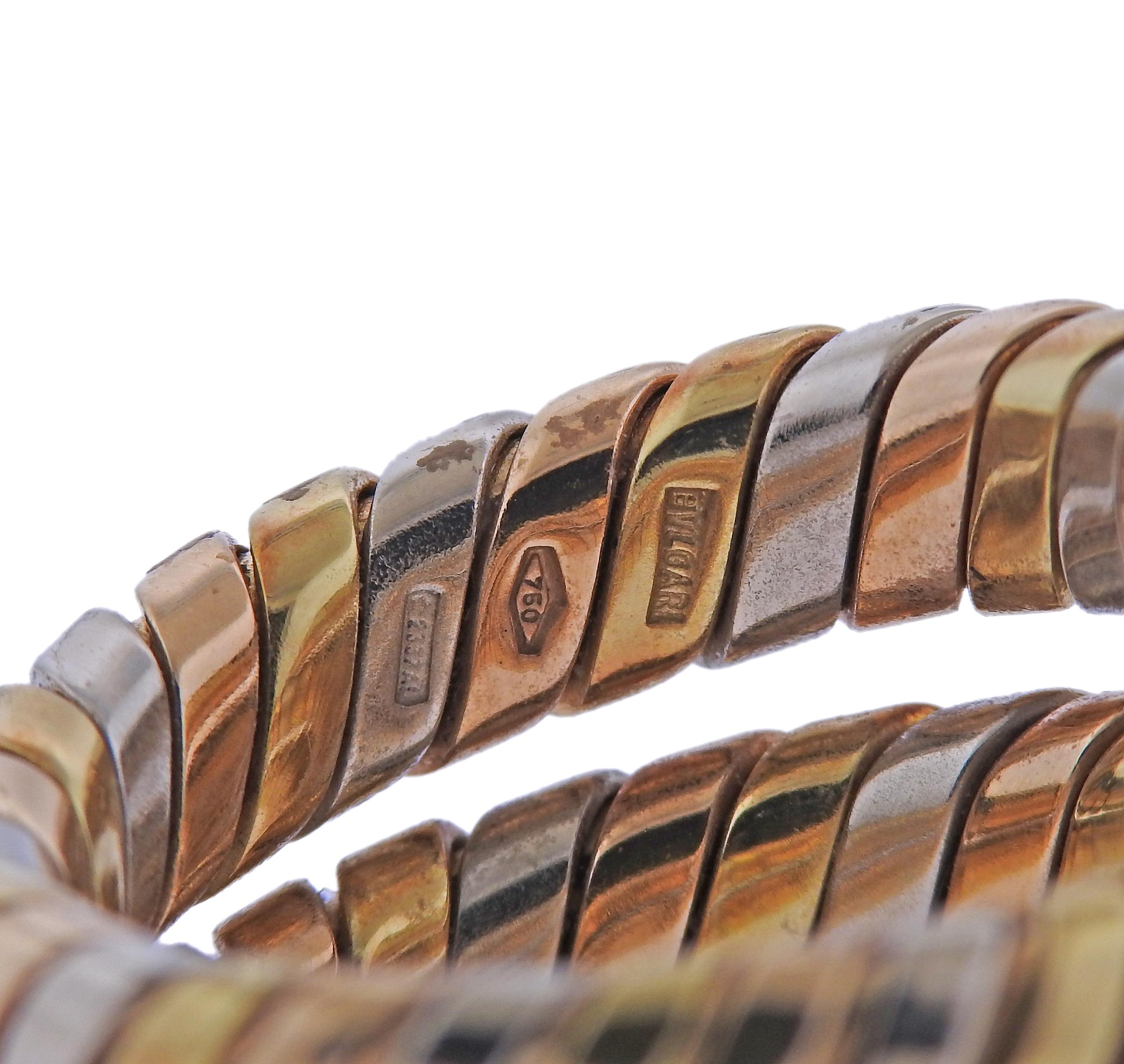 Bulgari Tubogas Tri Color Gold Wrap Ring In Excellent Condition In Lambertville, NJ