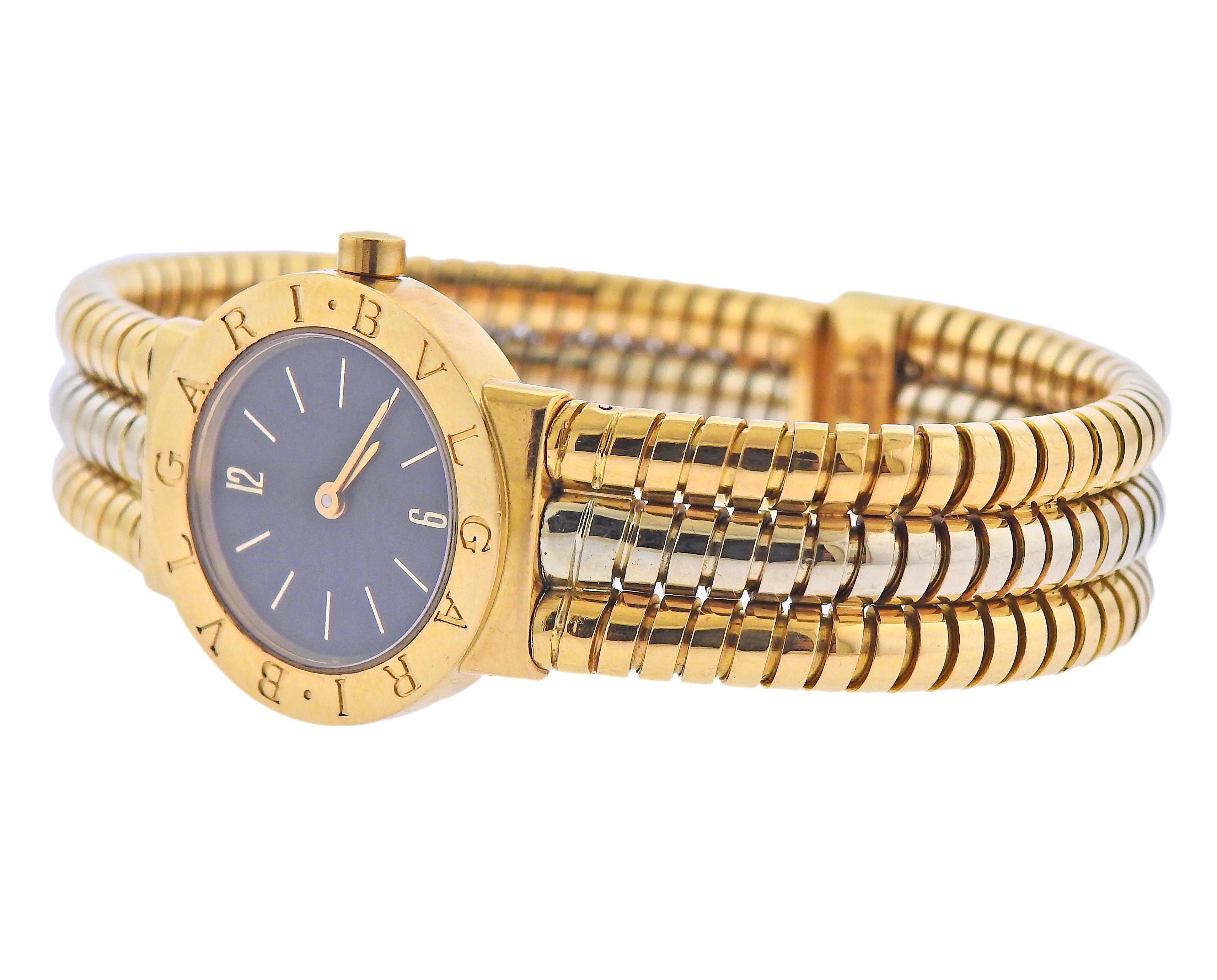 18k white and yellow gold Tubogas bracelet with Bvlgari watch. Bracelet will fit up to 7