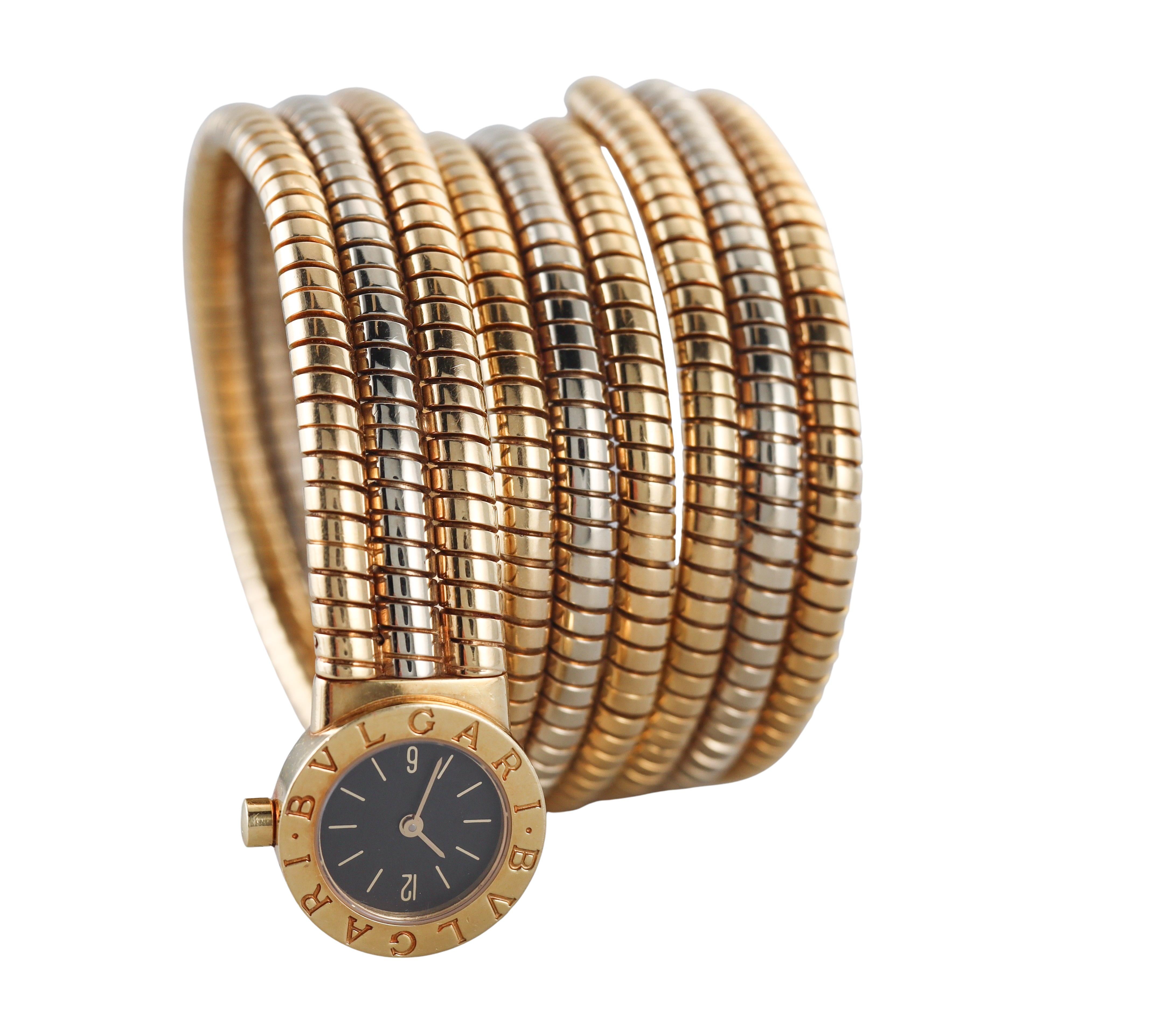 Bulgari Tubogas White Yellow Gold Wrap Bracelet Watch BB191T For Sale 6