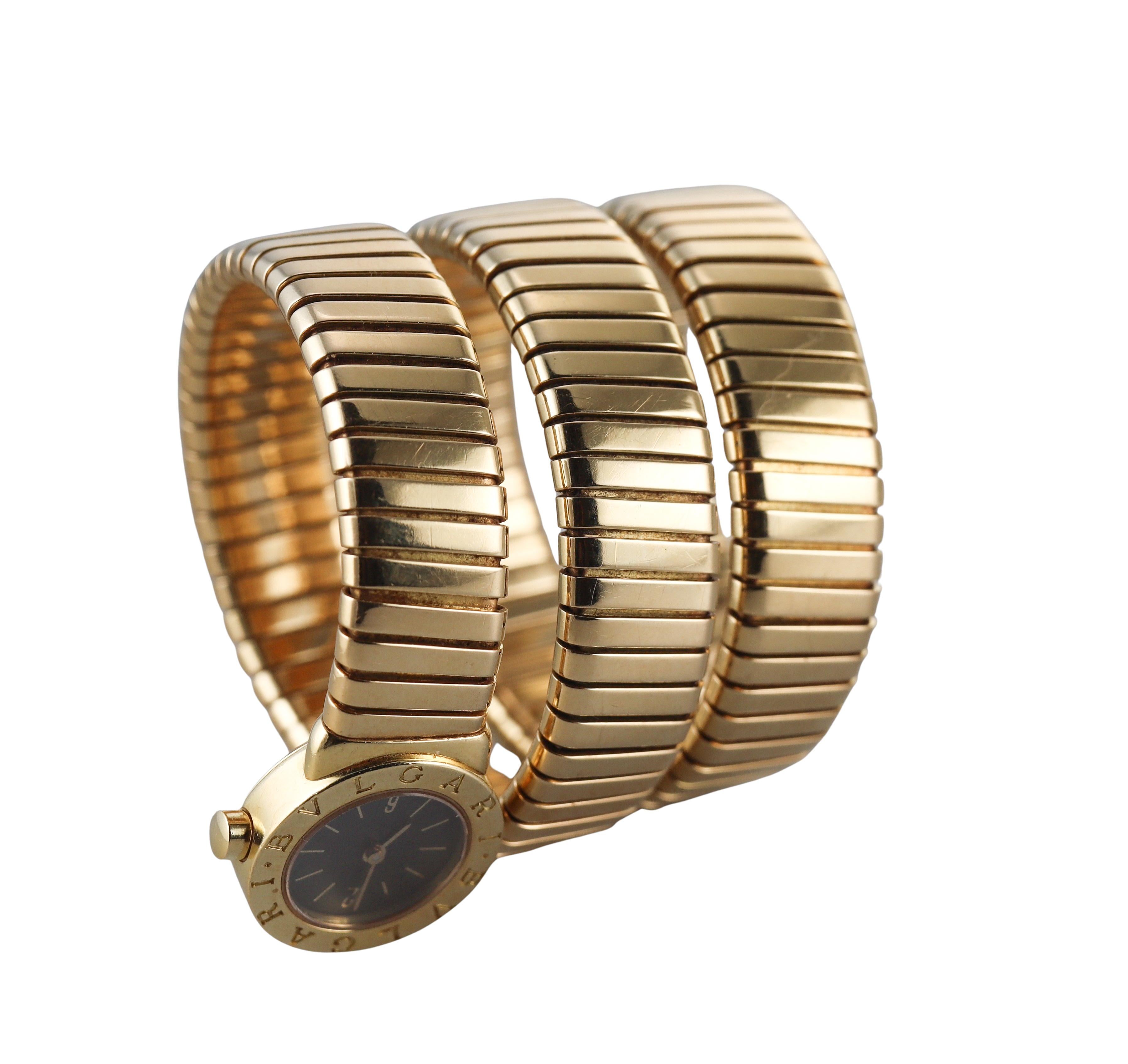 Women's Bulgari Tubogas Yellow Gold Coil Wrap Watch Bracelet BB191T For Sale