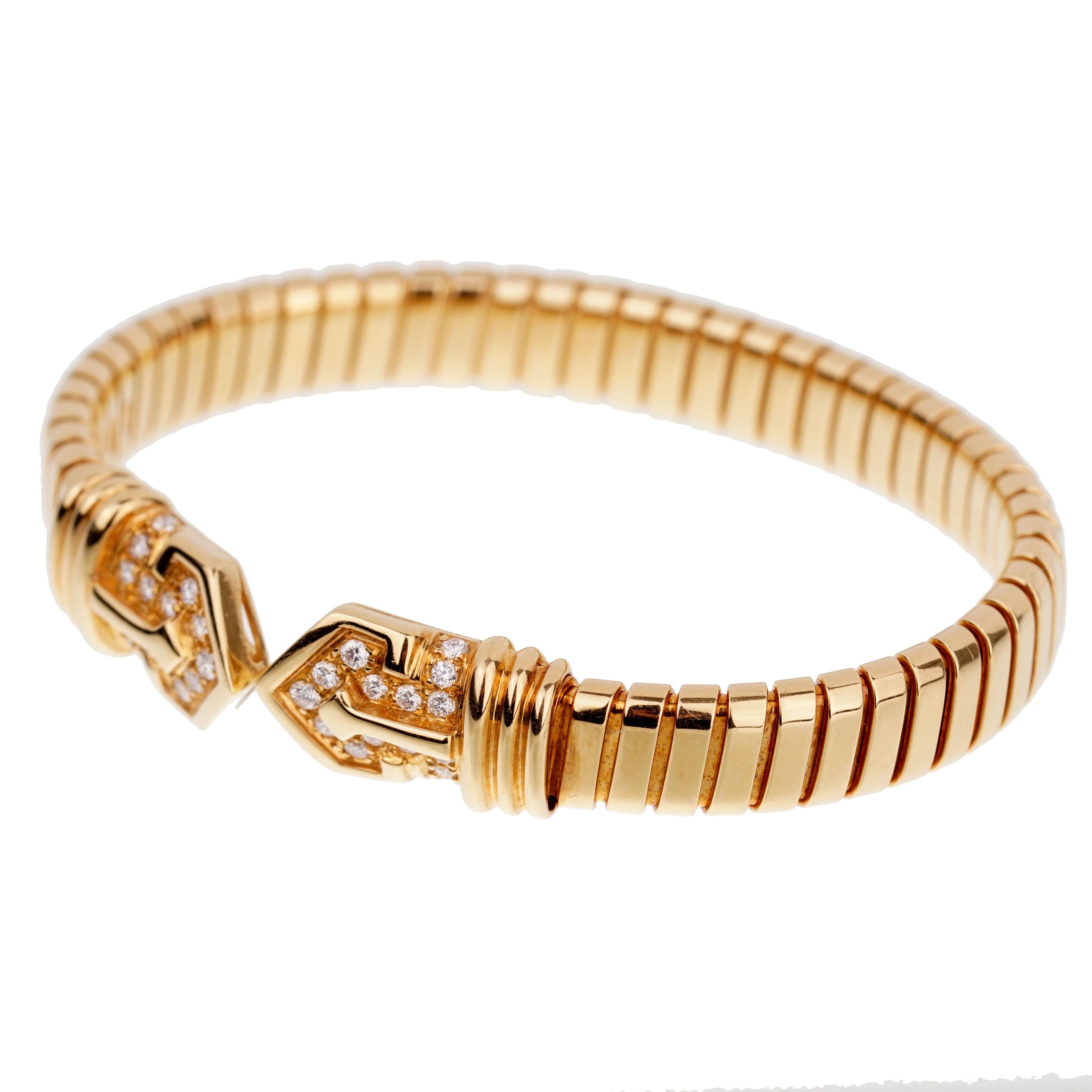Bulgari Tubogas Yellow Gold Diamond Cuff Bracelet In Excellent Condition In Feasterville, PA