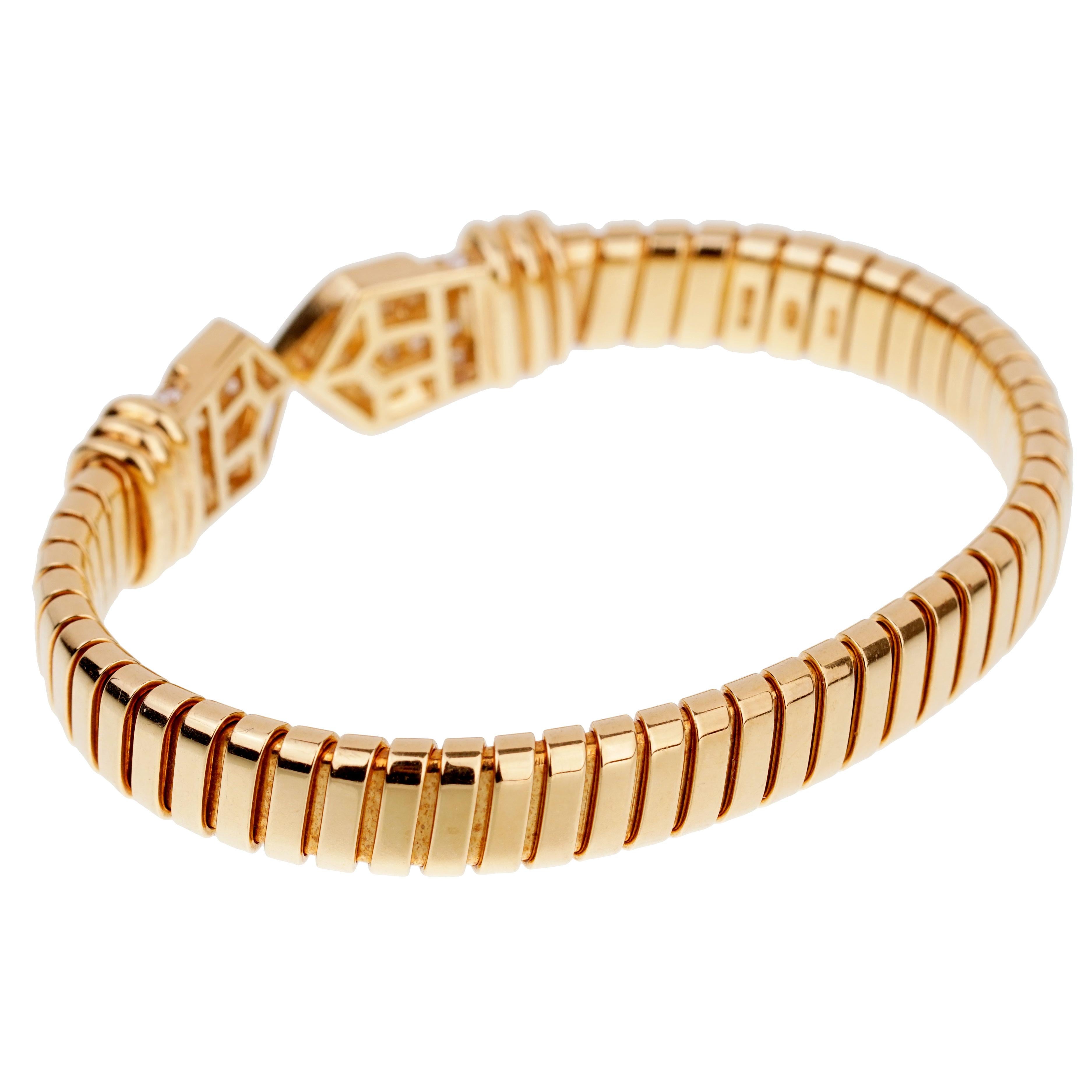 Bulgari Tubogas Yellow Gold Diamond Cuff Bracelet In Excellent Condition In Feasterville, PA