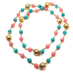 Vintage Bulgari Turquoise Rhodochrosite 33" Long Yellow Gold Link Necklace