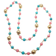 Vintage Bulgari Turquoise Rhodochrosite 33" Long Yellow Gold Link Necklace