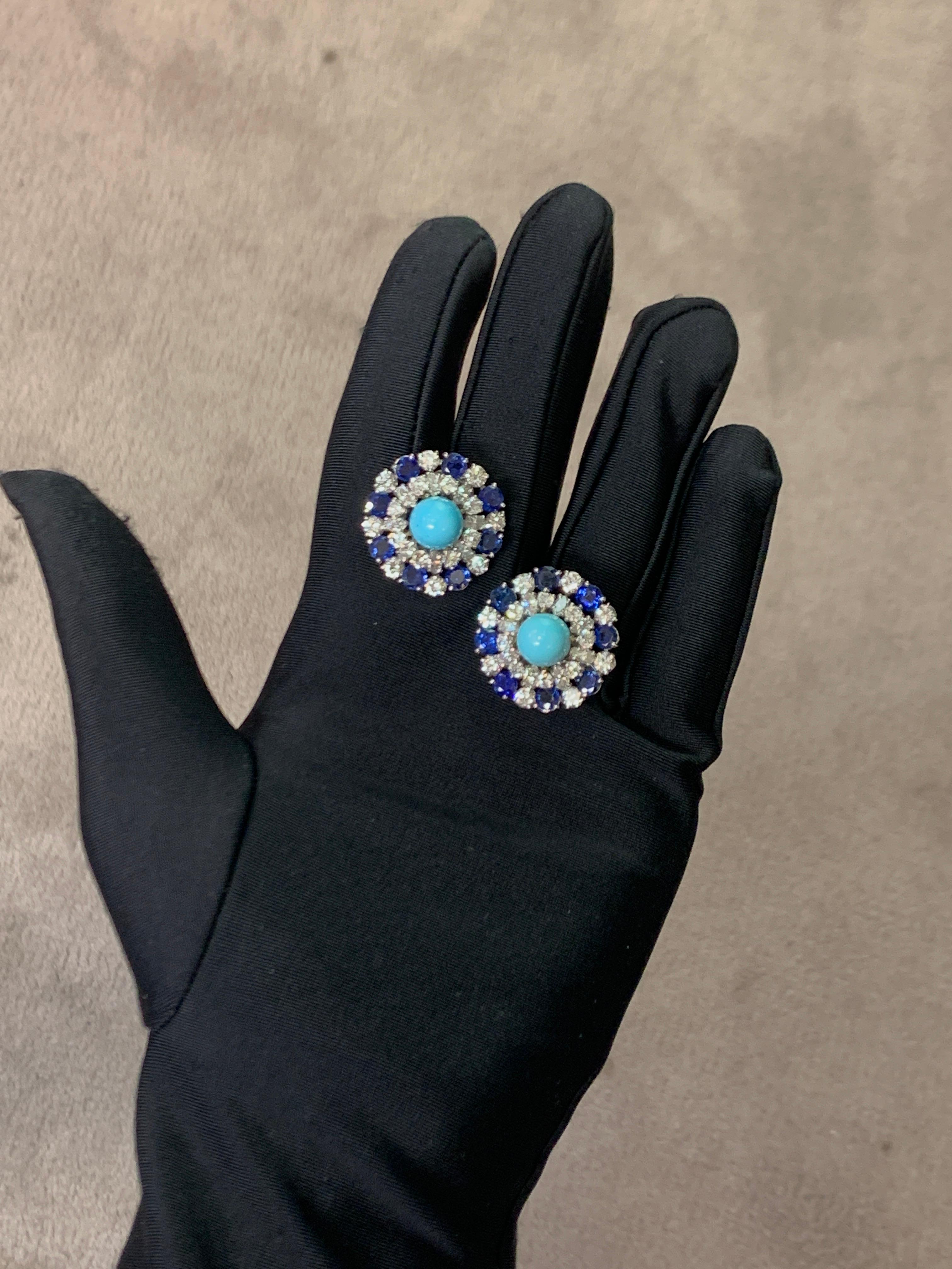 Mixed Cut Bulgari Turquoise Sapphire and Diamond Earrings For Sale