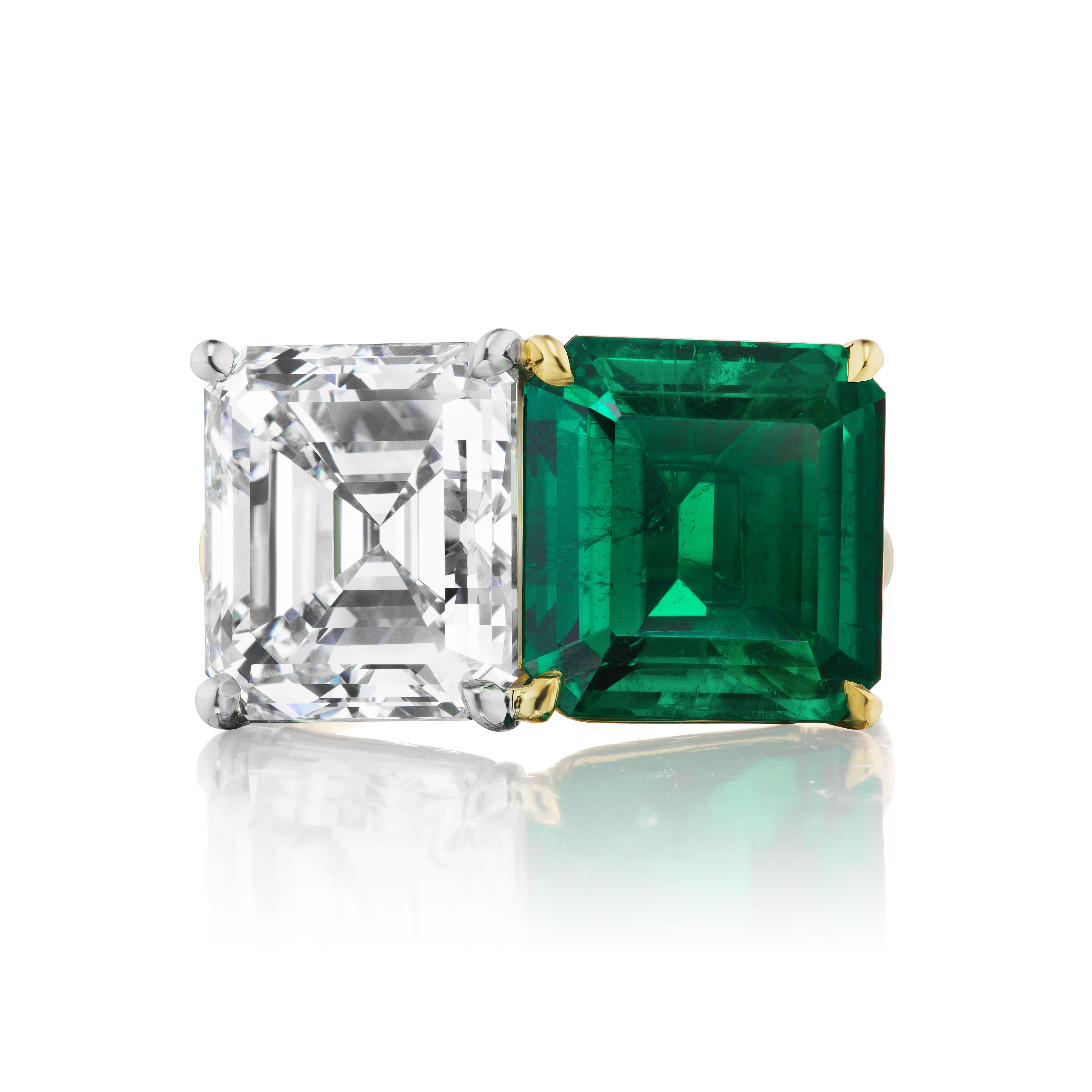 This chic BULGARI cocktail ring features an exceptional 5.79 carat AGL certified Colombian emerald and a GIA certified 7.25 carat square emerlad-cut diamond of E color and VS1 clarity mounted in an 18K gold and platinum twin-stone ring. It is a