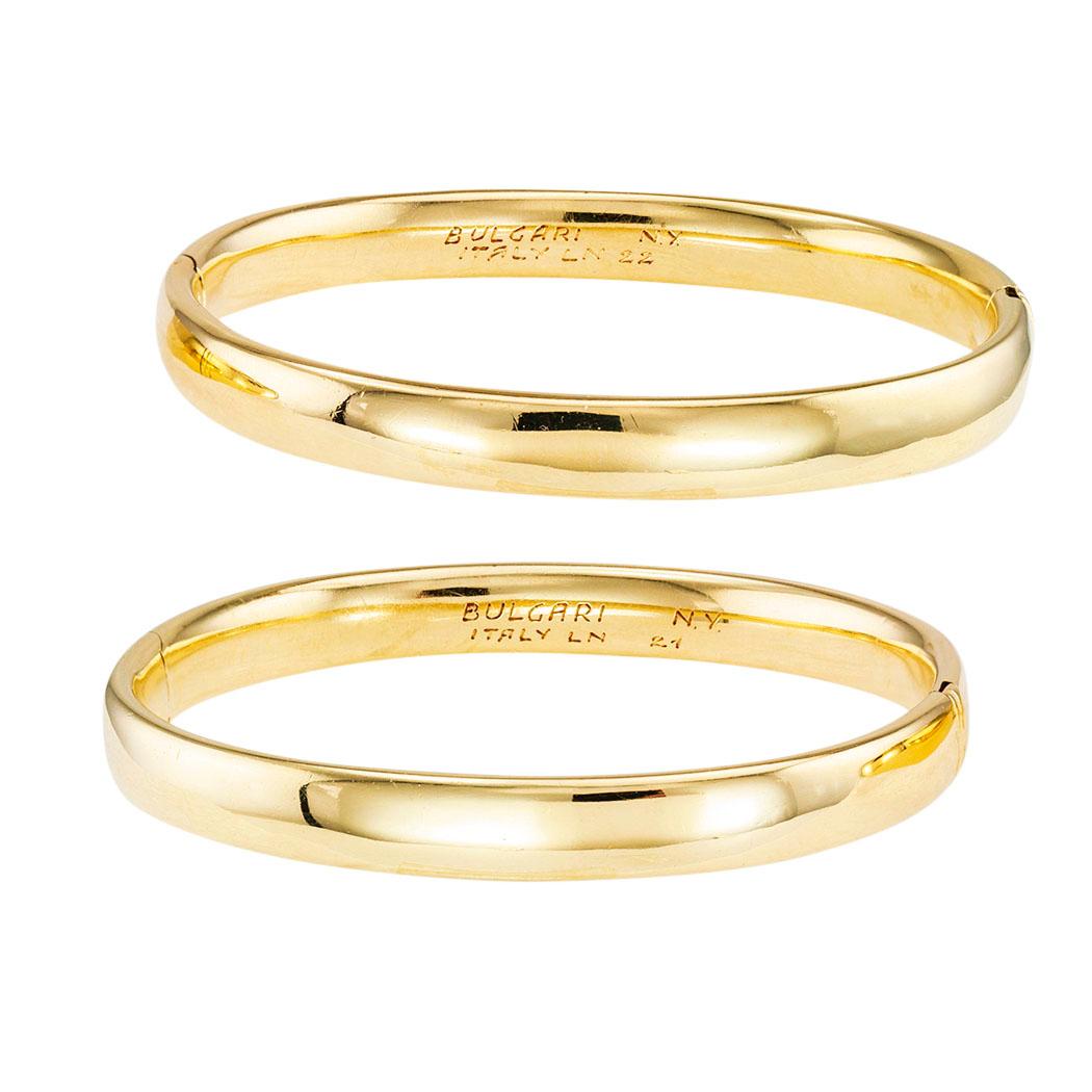 Bulgari Twin Yellow Gold Hinged Bangle Bracelets In Good Condition In Los Angeles, CA