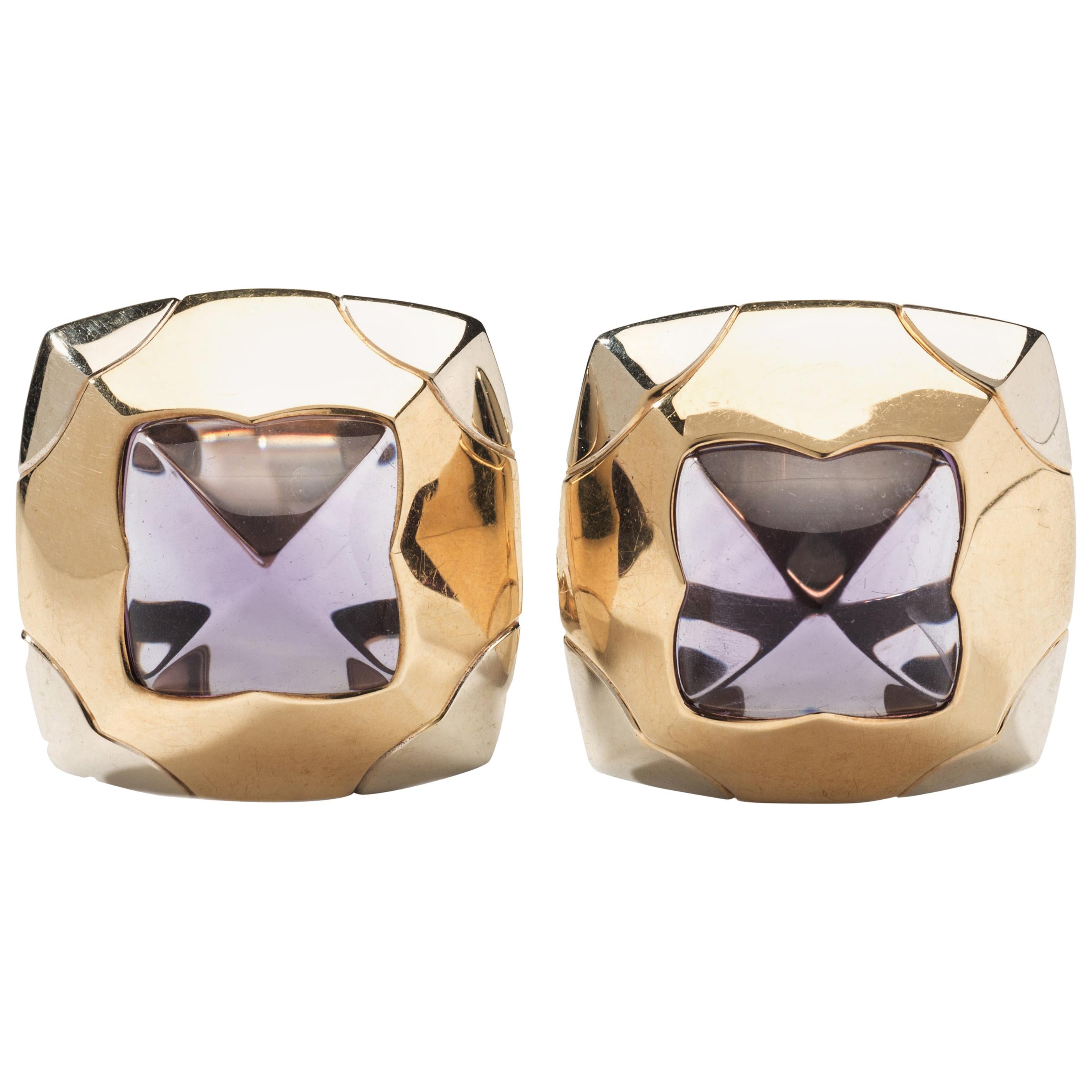 Bulgari Two-Color Pyramid Amethyst Gold Ear Clips For Sale