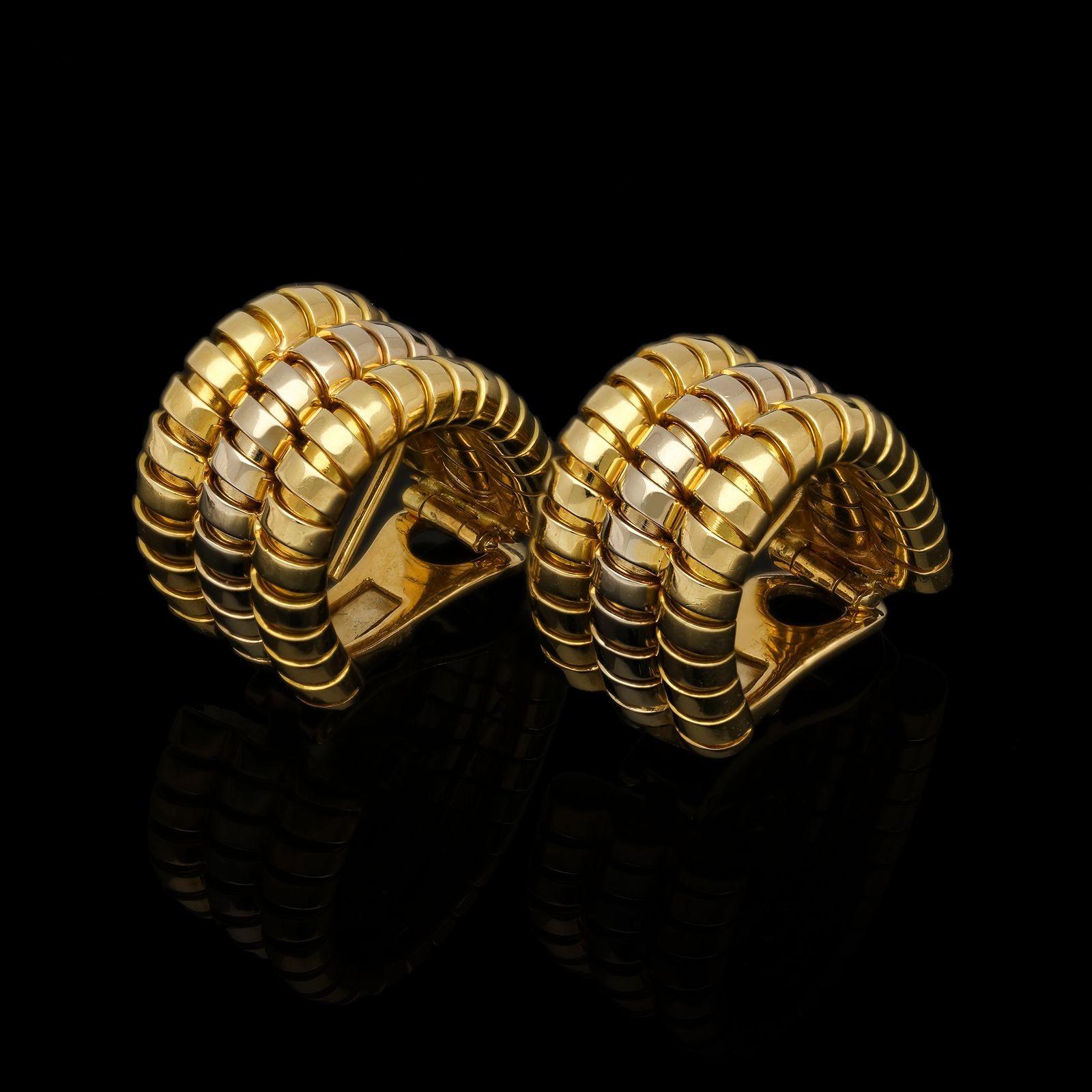 Bulgari Two Tone 18ct Gold Triple Row Tubogas Hoop Earrings circa 1980s In Excellent Condition In London, GB