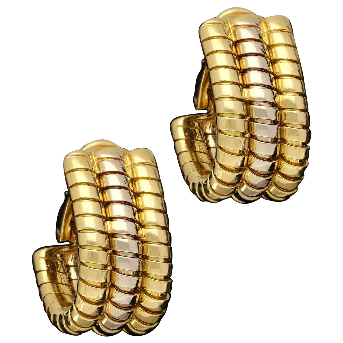 Bulgari Two Tone 18ct Gold Triple Row Tubogas Hoop Earrings circa 1980s