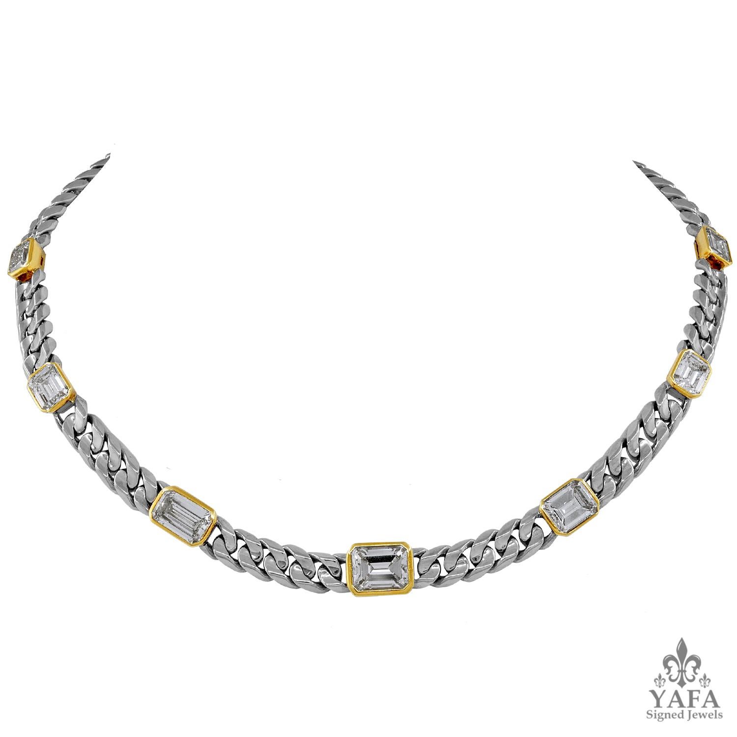 BULGARI Two Tone Gold Diamond Link Necklace & Earrings
An 18k white and yellow gold link necklace and ear clips, set with emerald-cut diamond, signed Bulgari.
necklace – seven emerald cut diamonds total carat weight is approx. 10.70 cts.
earrings –