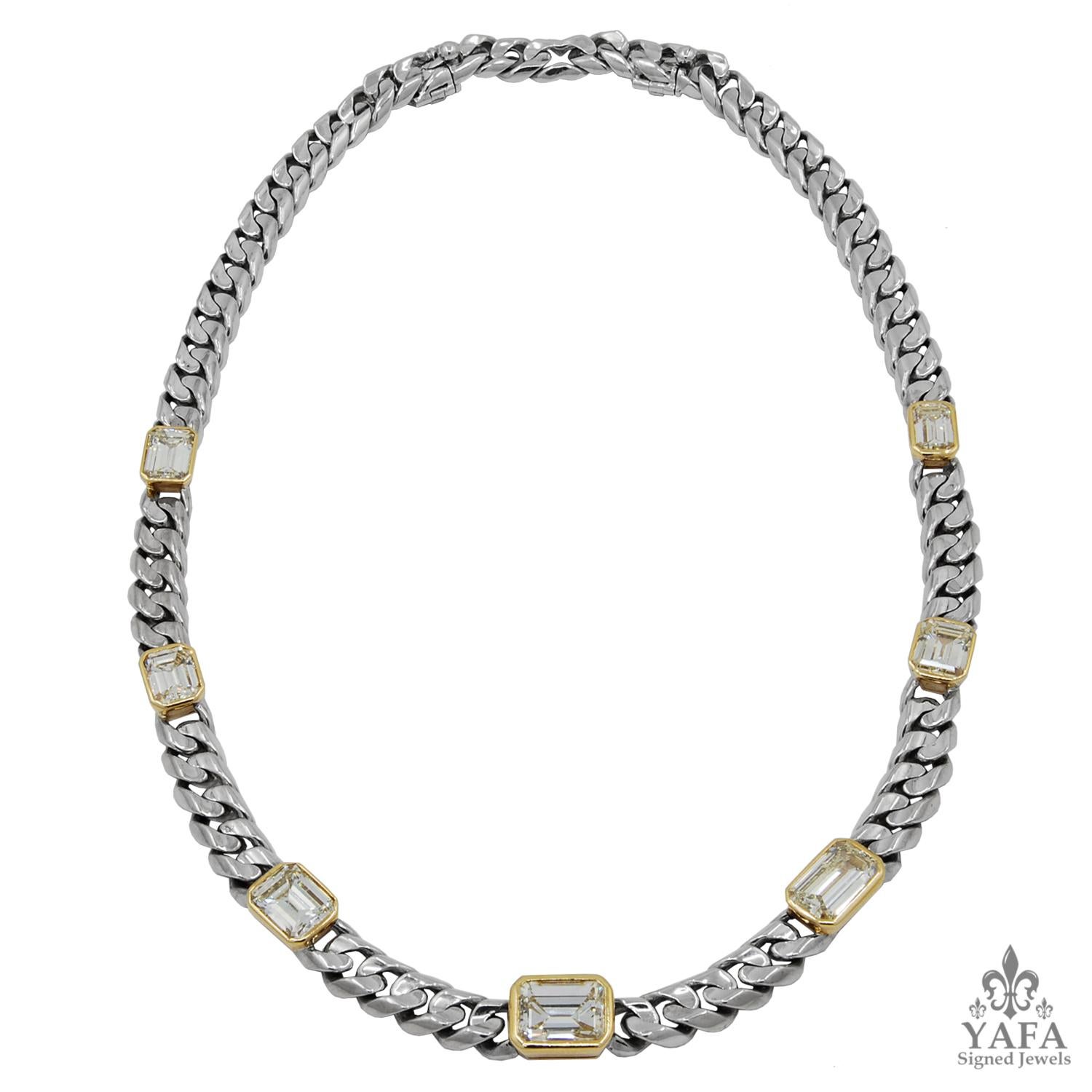 Emerald Cut Bulgari Two Tone Gold Diamond Link Necklace & Earrings For Sale