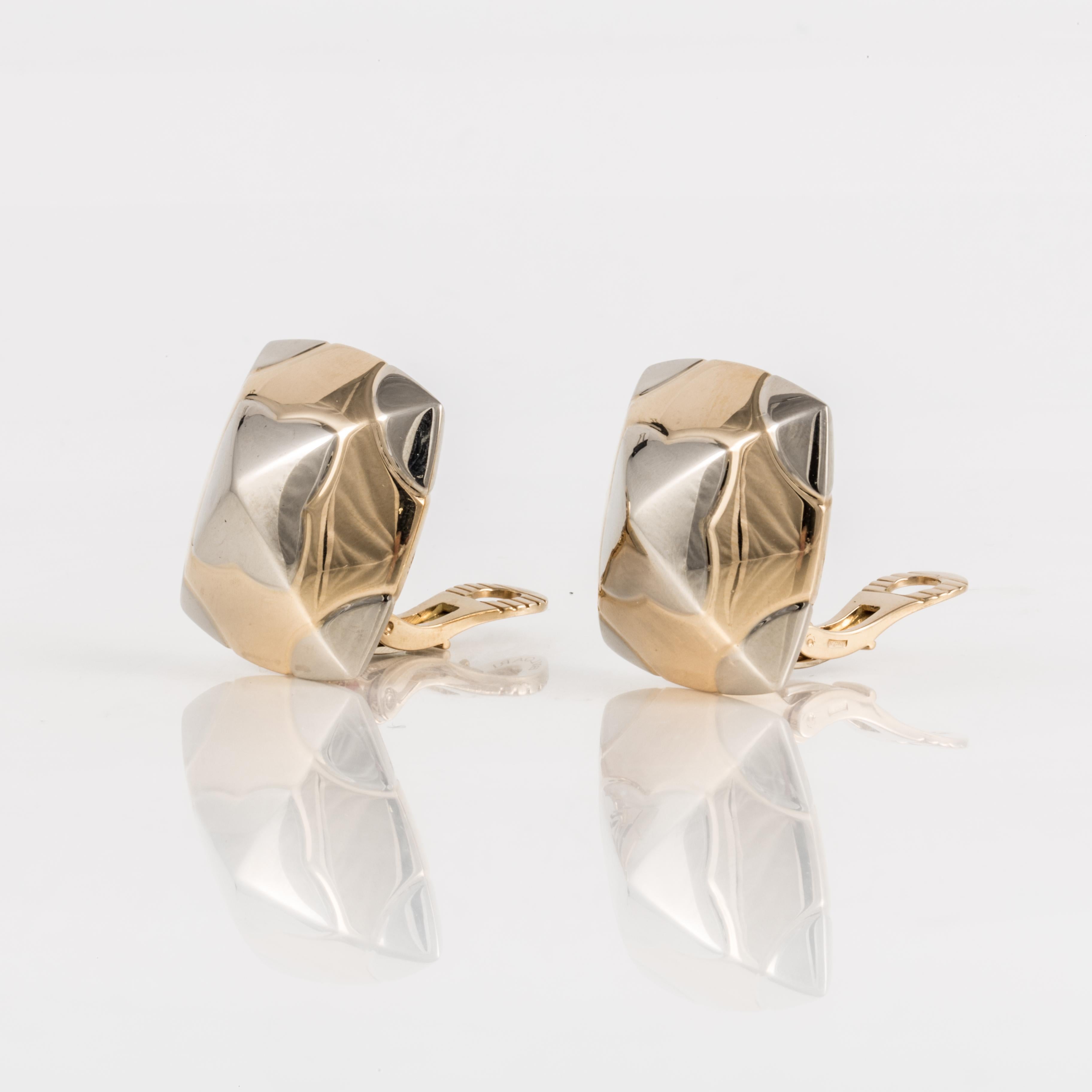 Bulgari Pyramide earrings in 18K yellow and white gold.  They measure 1 inch across and are a clip style.