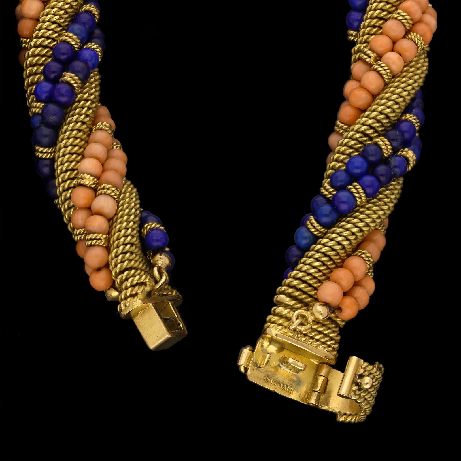 Bulgari Unusual Lapis Lazuli Coral and Woven Gold Bracelet, Circa 1960's In Excellent Condition In London, GB
